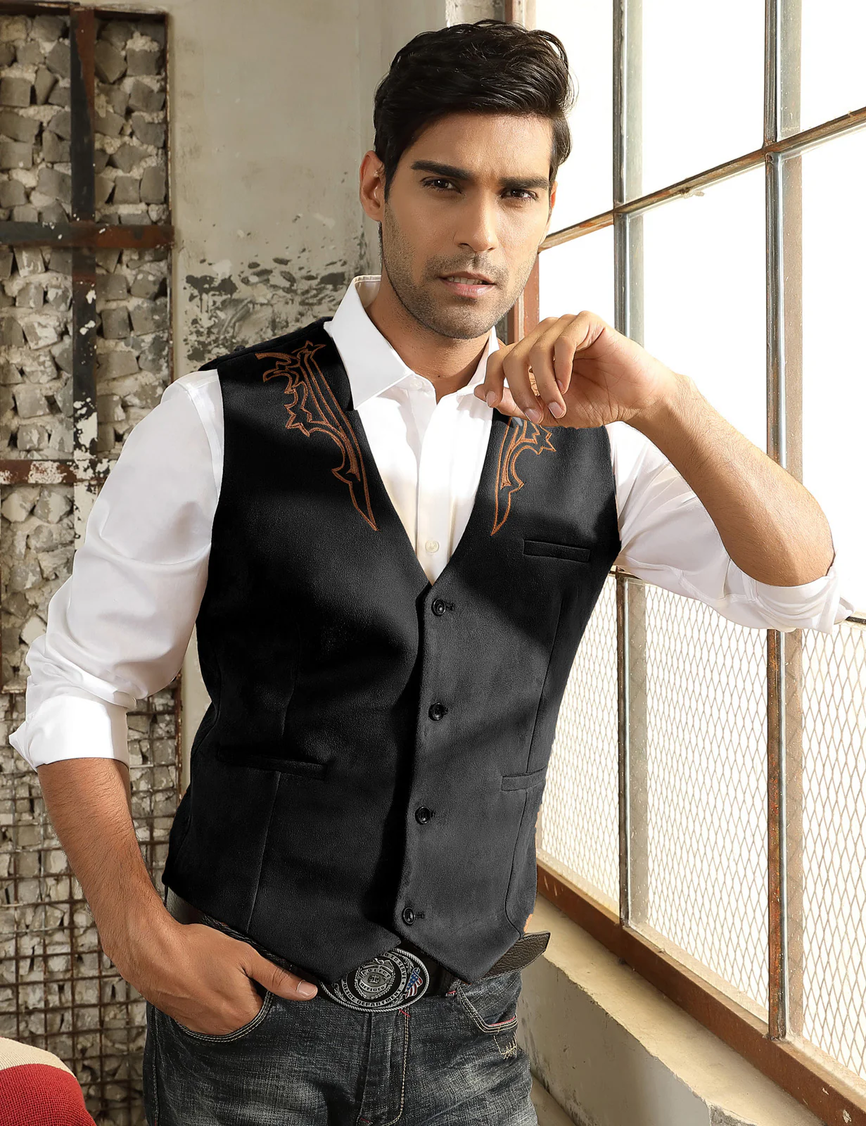 Men's Suede Leather Suit Vest Embroidery Casual Slim Fit Western Vest Waistcoat - Image 12