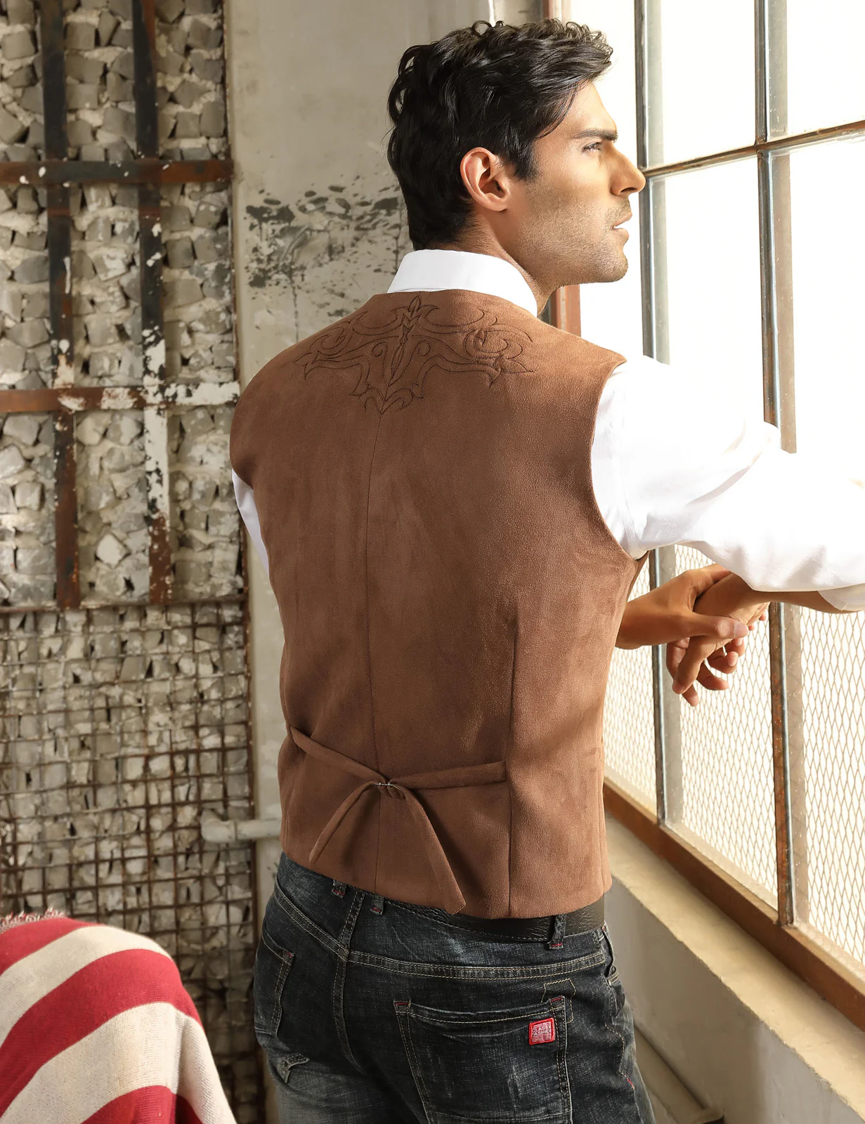 Men's Suede Leather Suit Vest Embroidery Casual Slim Fit Western Vest Waistcoat - Image 8