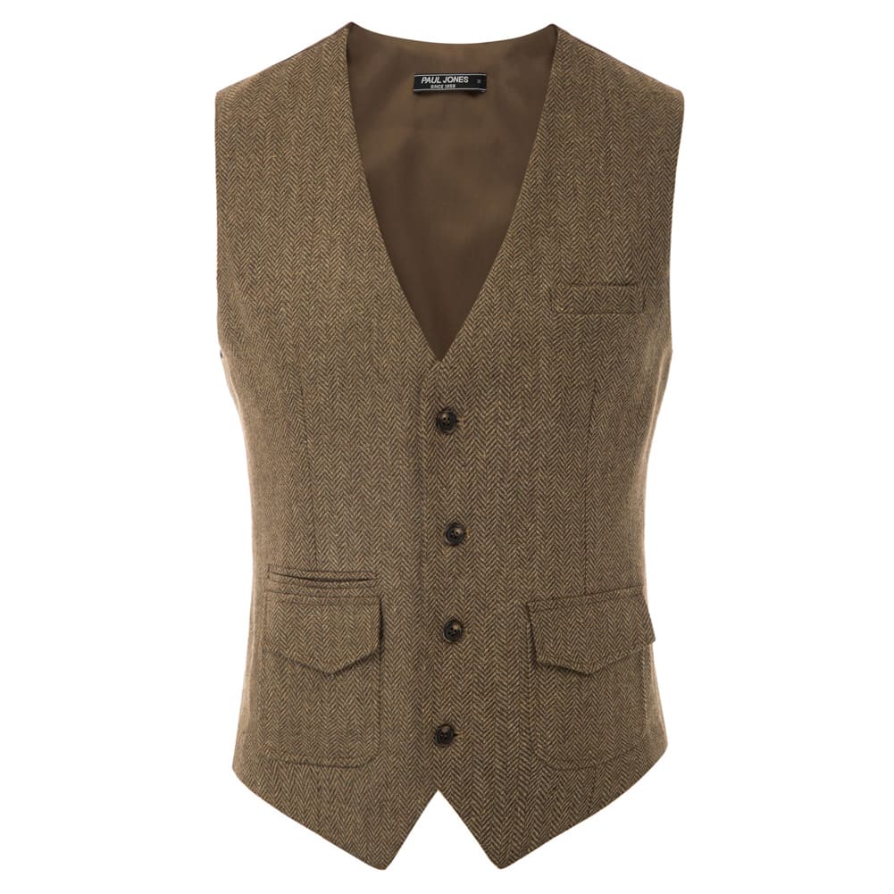Men's British Herringbone Tweed Vest Casual Wool Blend Waistcoat with Pockets - Image 10