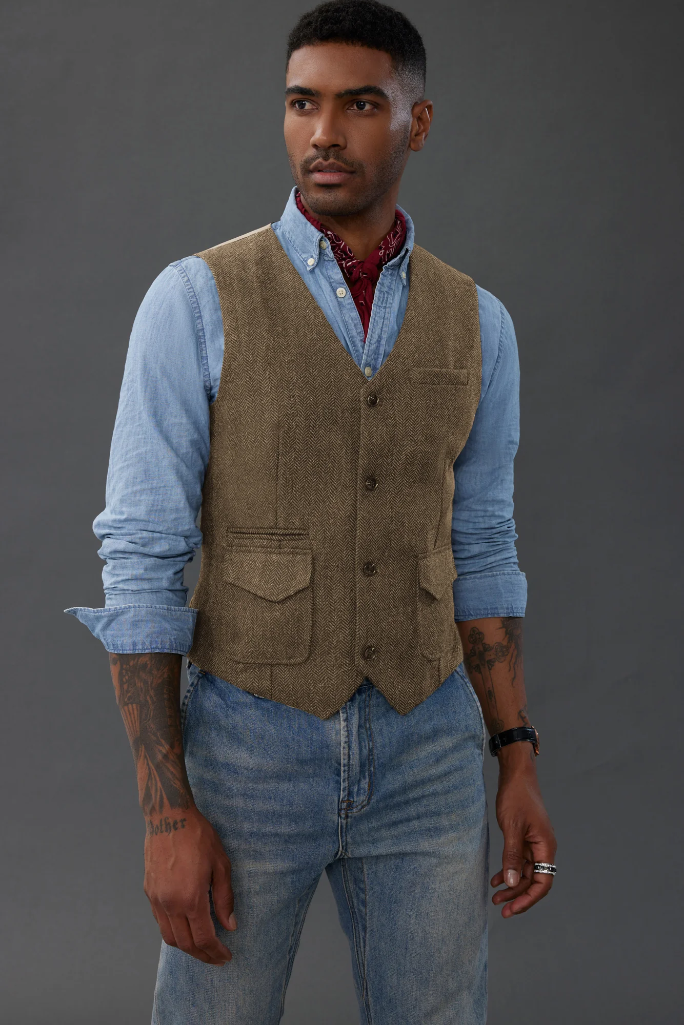 Men's British Herringbone Tweed Vest Casual Wool Blend Waistcoat with Pockets - Image 11