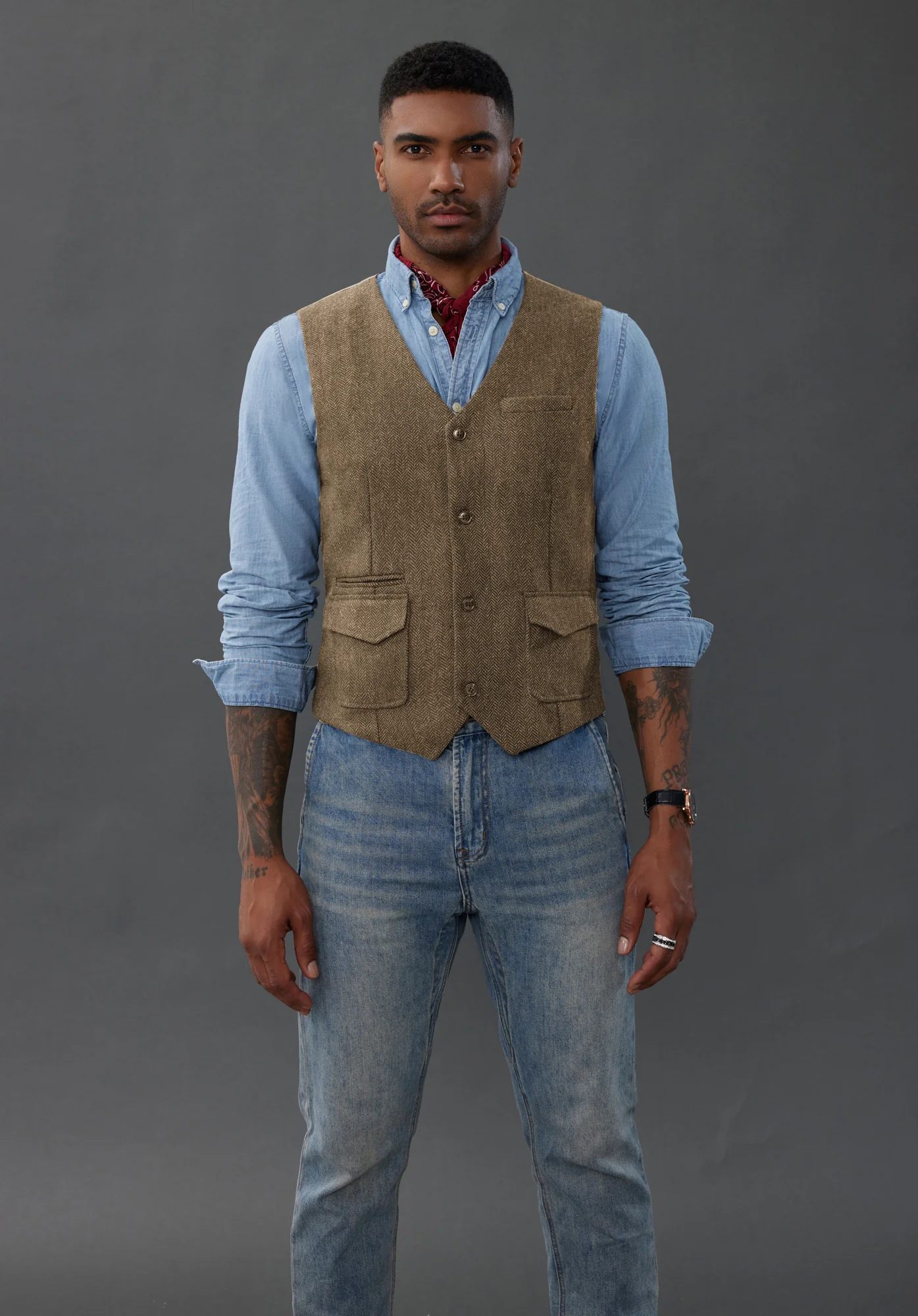 Men's British Herringbone Tweed Vest Casual Wool Blend Waistcoat with Pockets - Image 12