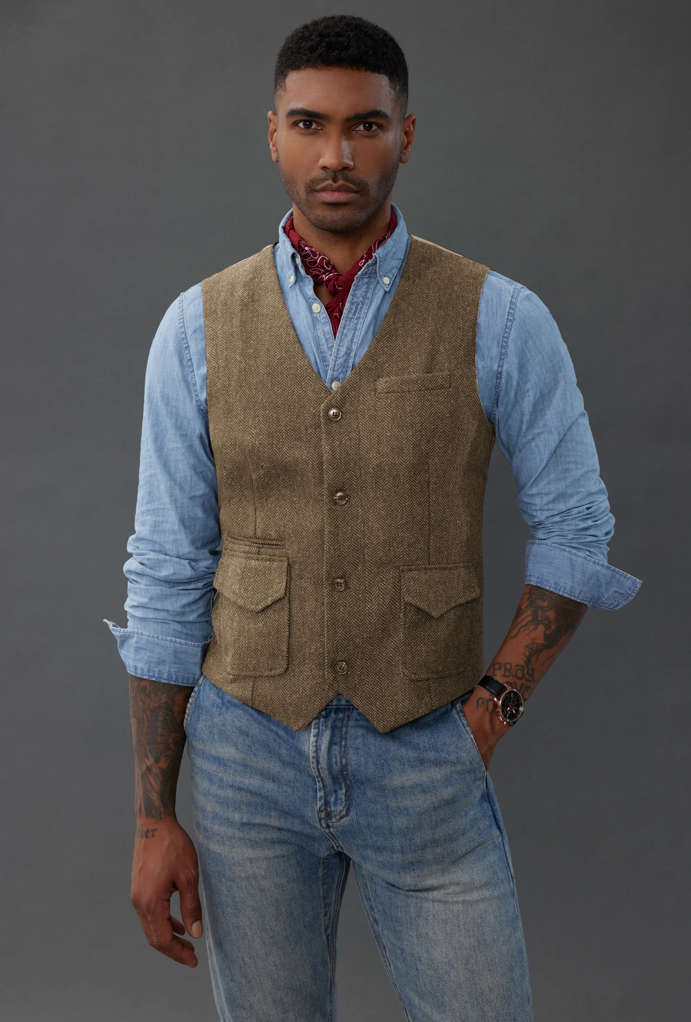 Men's British Herringbone Tweed Vest Casual Wool Blend Waistcoat with Pockets - Image 13
