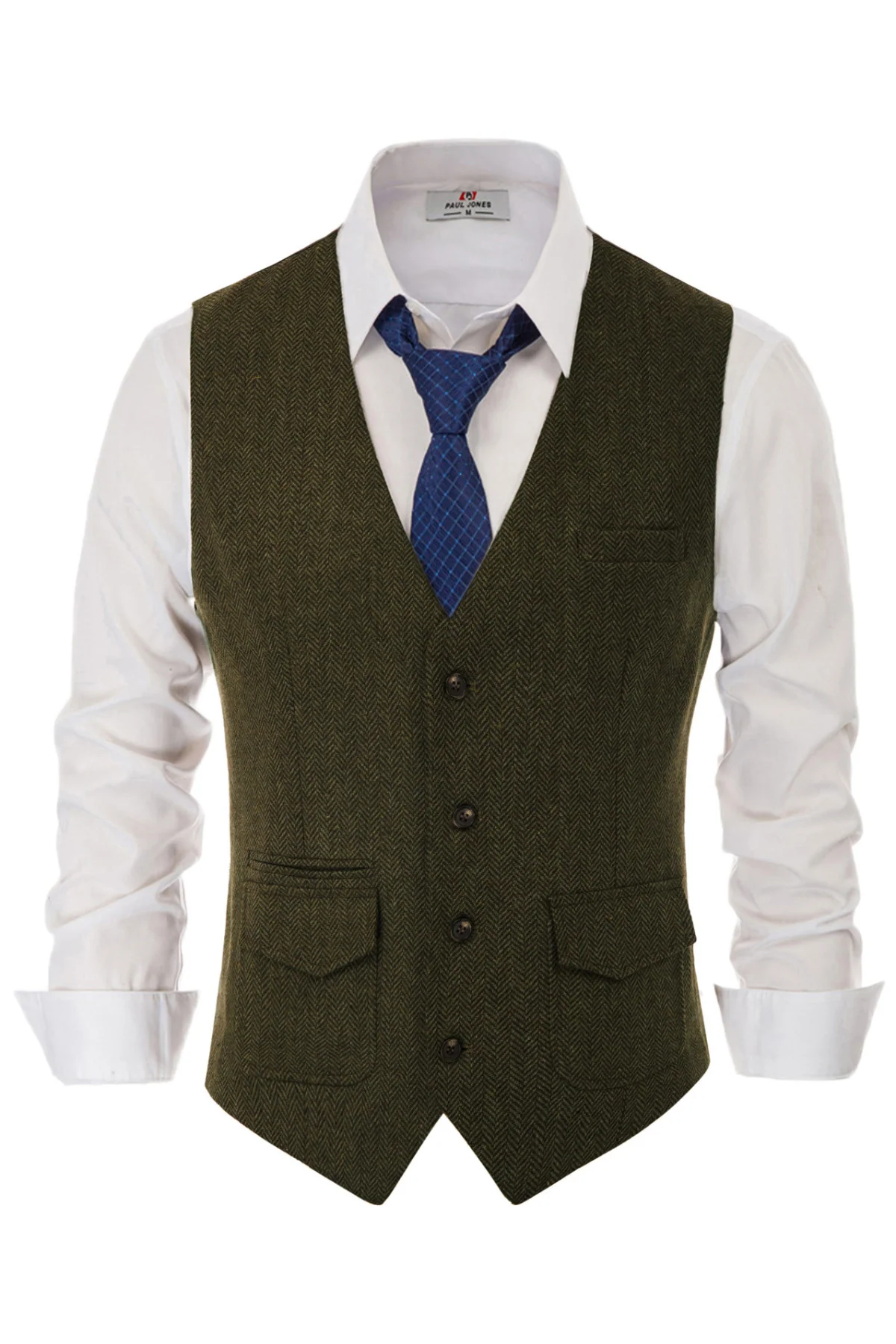 Men's British Herringbone Tweed Vest Casual Wool Blend Waistcoat with Pockets - Image 14