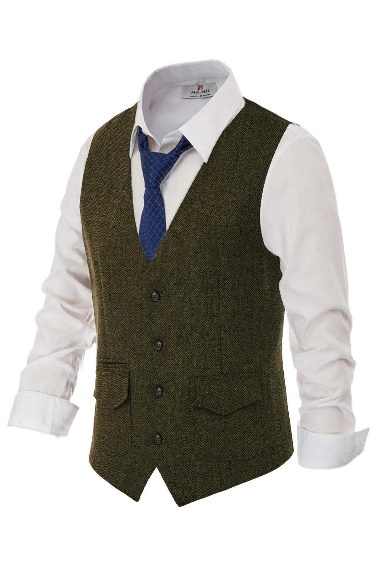 Men's British Herringbone Tweed Vest Casual Wool Blend Waistcoat with Pockets - Image 15