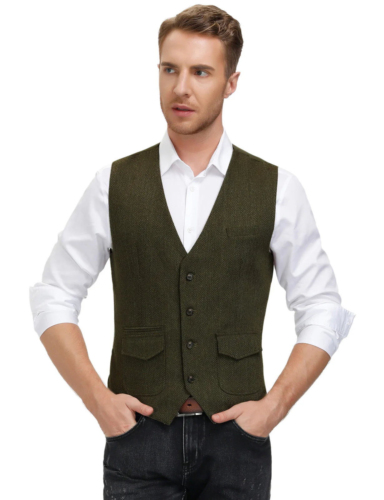 Men's British Herringbone Tweed Vest Casual Wool Blend Waistcoat with Pockets - Image 17