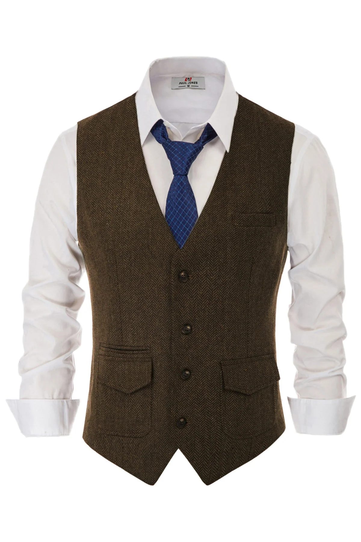 Men's British Herringbone Tweed Vest Casual Wool Blend Waistcoat with Pockets - Image 22