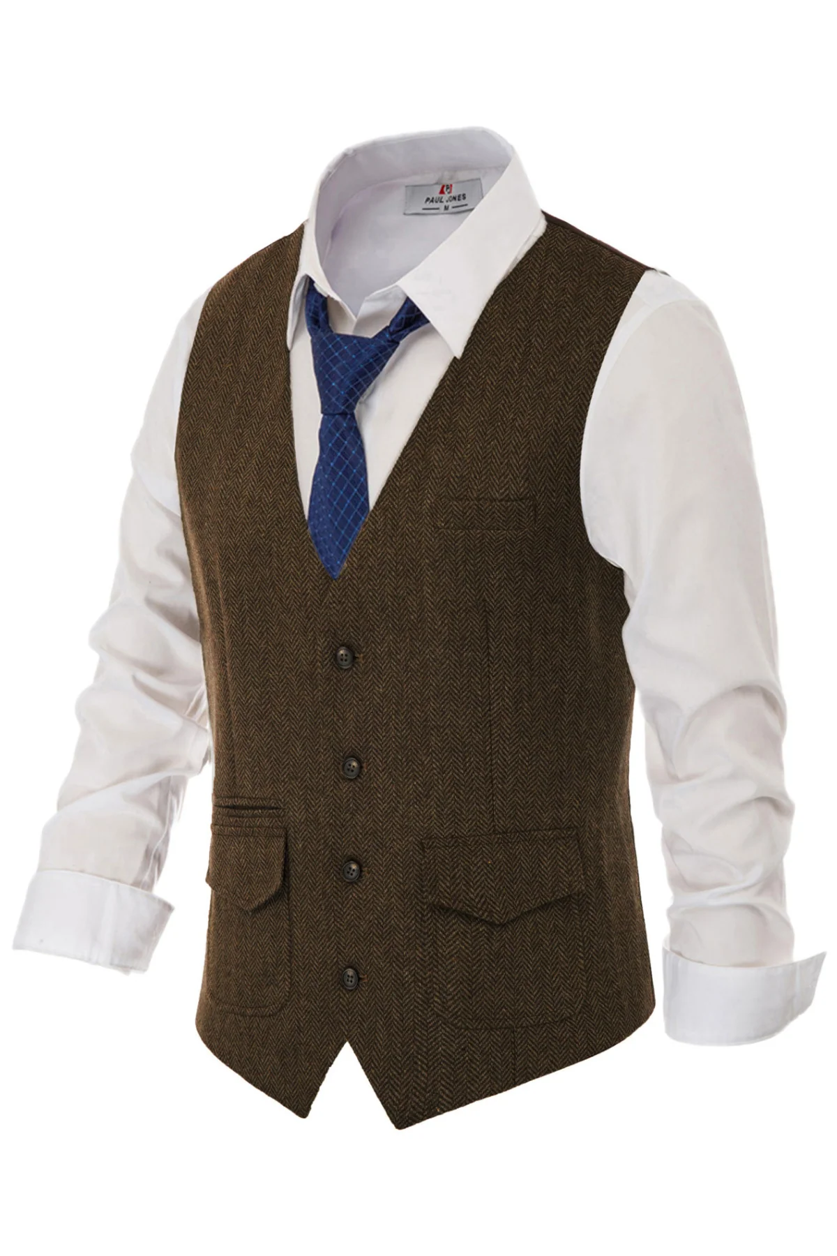 Men's British Herringbone Tweed Vest Casual Wool Blend Waistcoat with Pockets - Image 23
