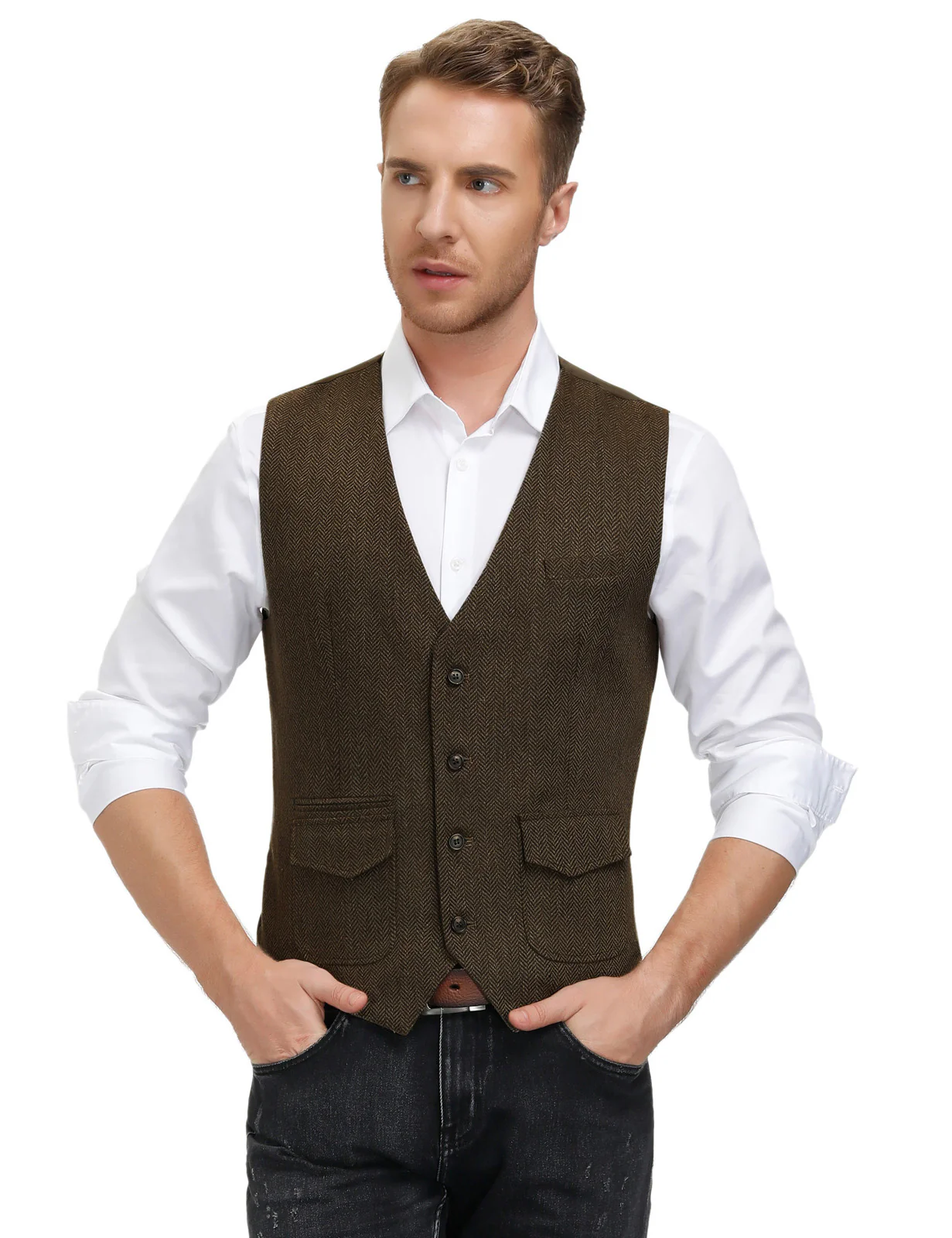 Men's British Herringbone Tweed Vest Casual Wool Blend Waistcoat with Pockets - Image 24