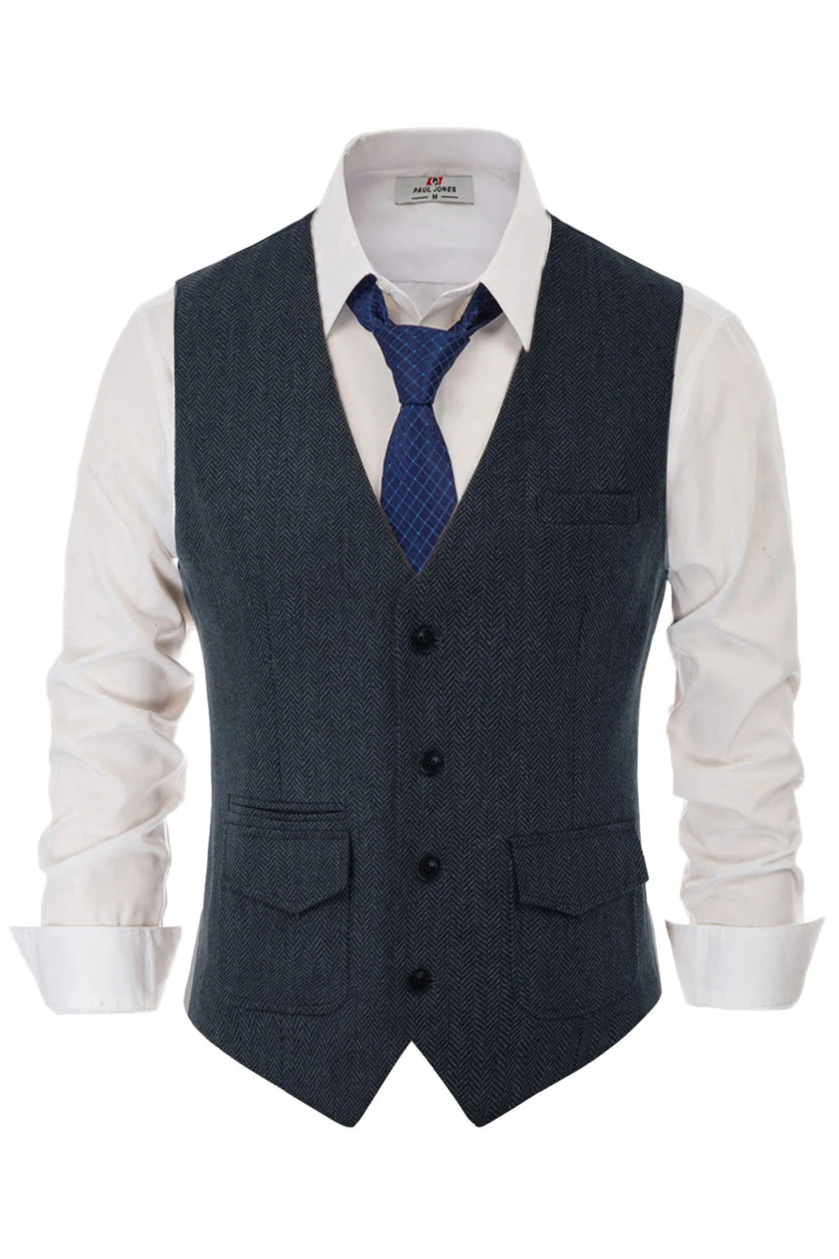 Men's British Herringbone Tweed Vest Casual Wool Blend Waistcoat with Pockets - Image 3