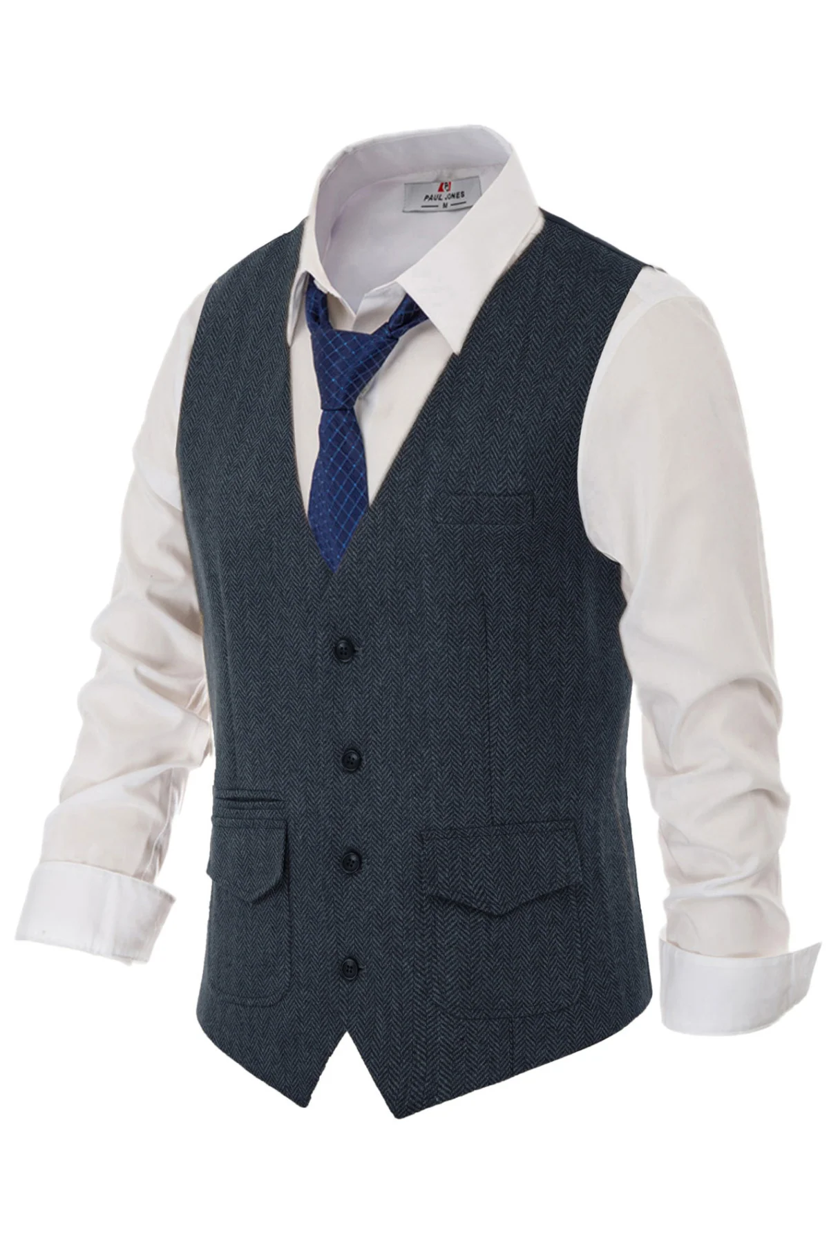 Men's British Herringbone Tweed Vest Casual Wool Blend Waistcoat with Pockets - Image 4
