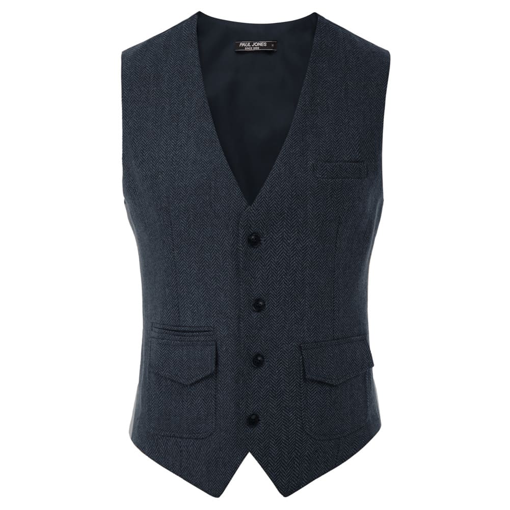 Men's British Herringbone Tweed Vest Casual Wool Blend Waistcoat with Pockets - Image 5