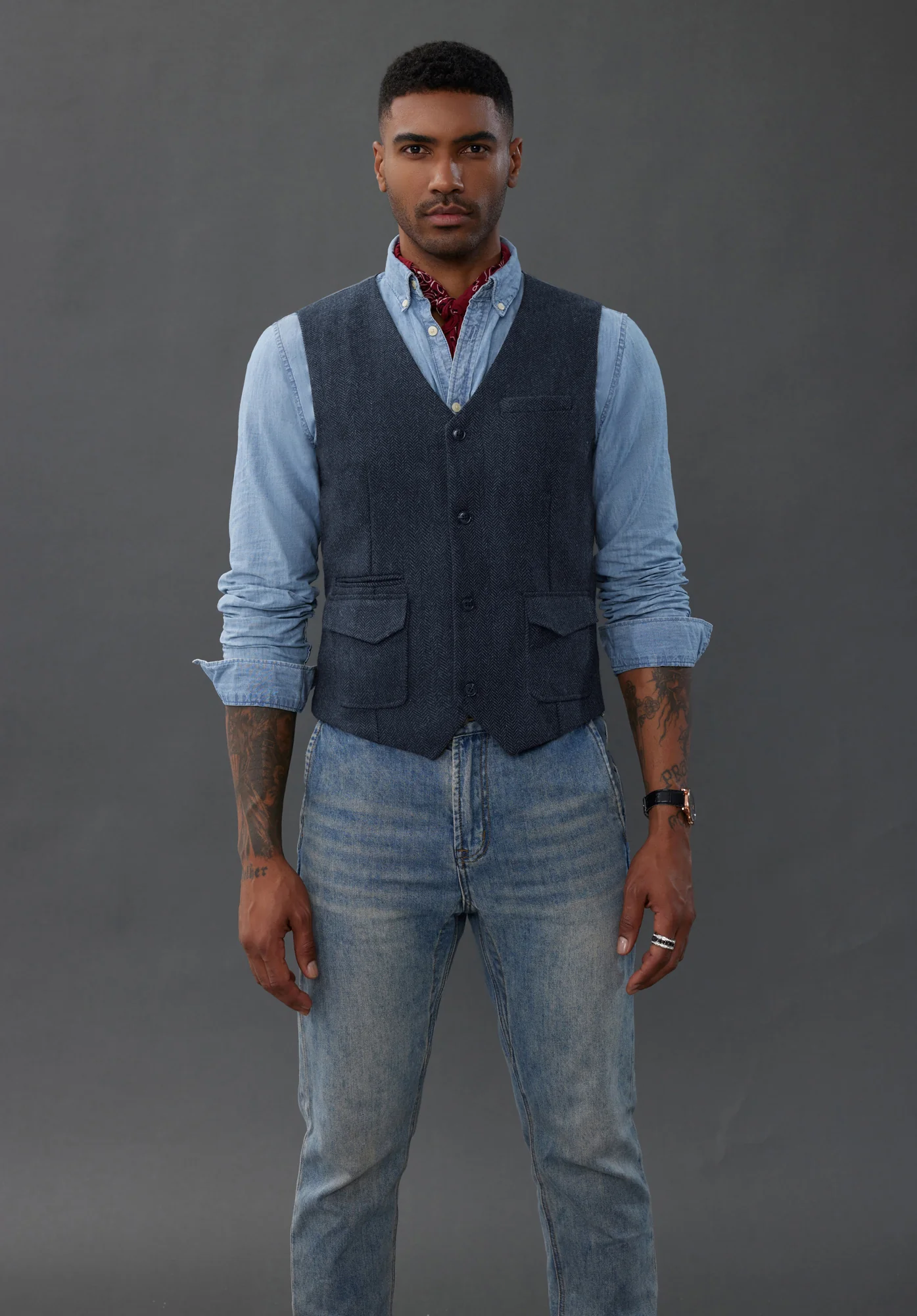 Men's British Herringbone Tweed Vest Casual Wool Blend Waistcoat with Pockets - Image 6