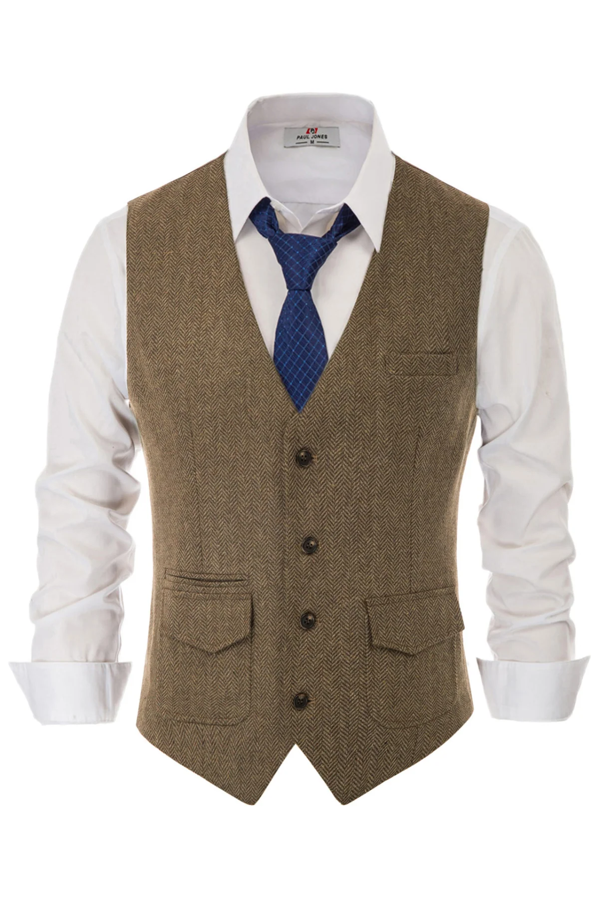 Men's British Herringbone Tweed Vest Casual Wool Blend Waistcoat with Pockets - Image 8