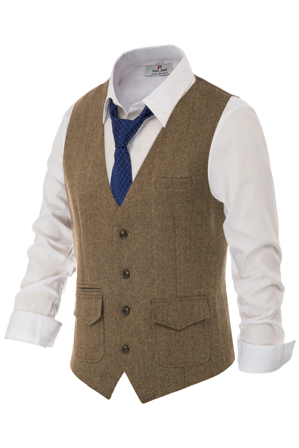 Men's British Herringbone Tweed Vest Casual Wool Blend Waistcoat with Pockets - Image 9