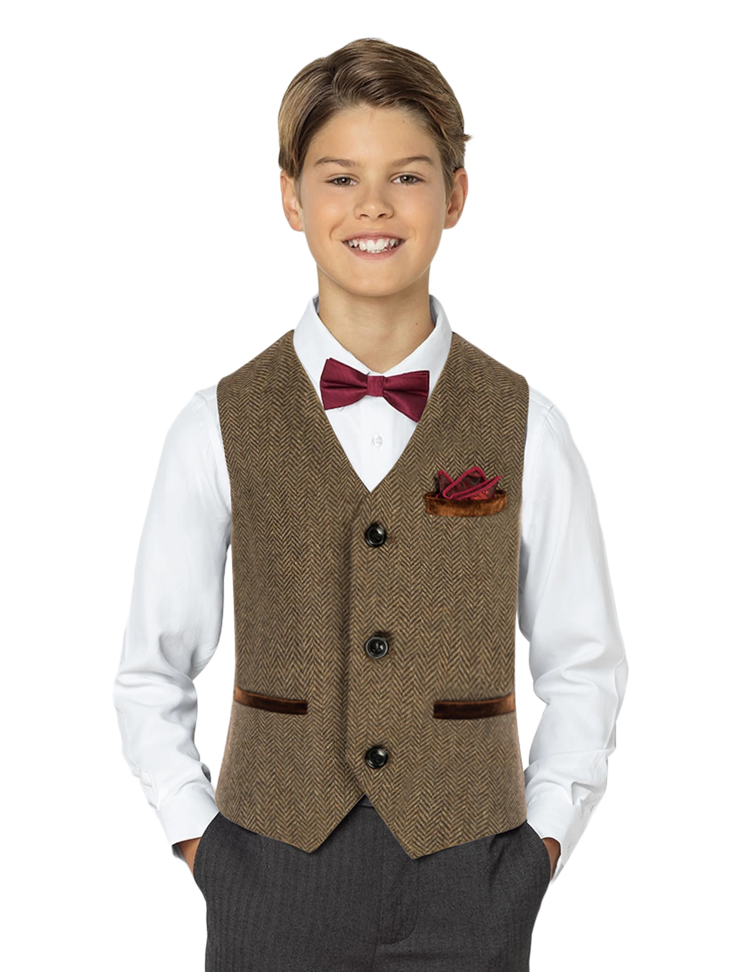 Boys Herringbone Tweed Suit Vest British Dress Waistcoat Wool Blend - Image 11