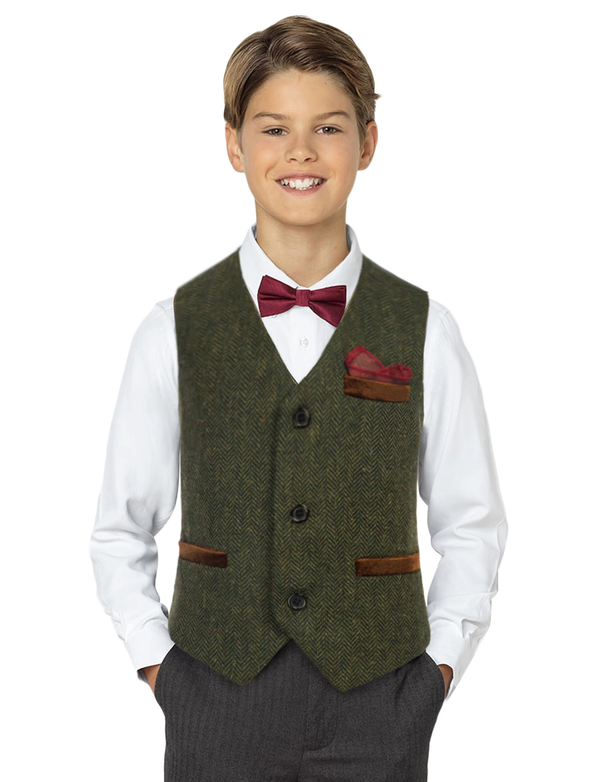 Boys Herringbone Tweed Suit Vest British Dress Waistcoat Wool Blend - Image 16