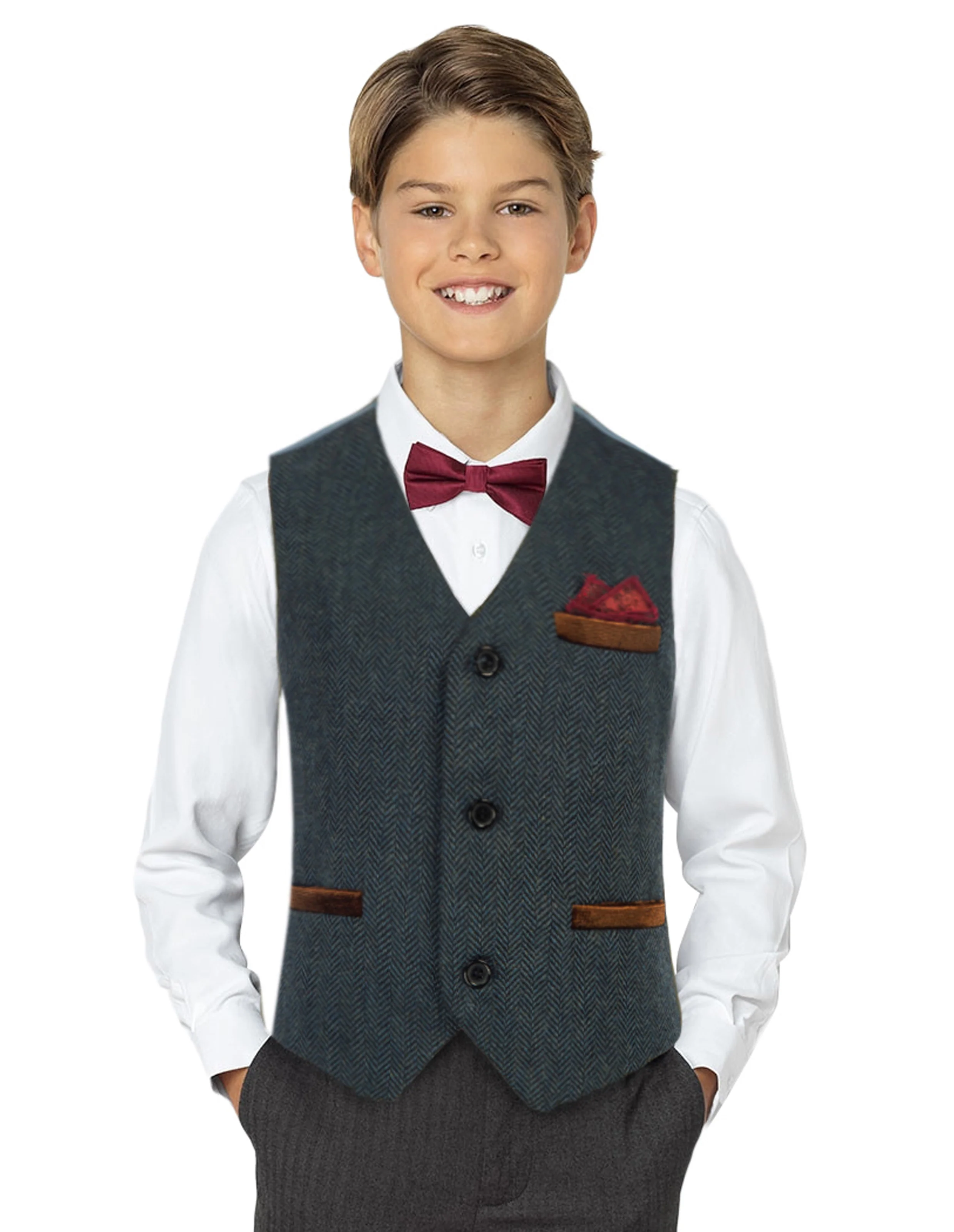 Boys Herringbone Tweed Suit Vest British Dress Waistcoat Wool Blend - Image 21