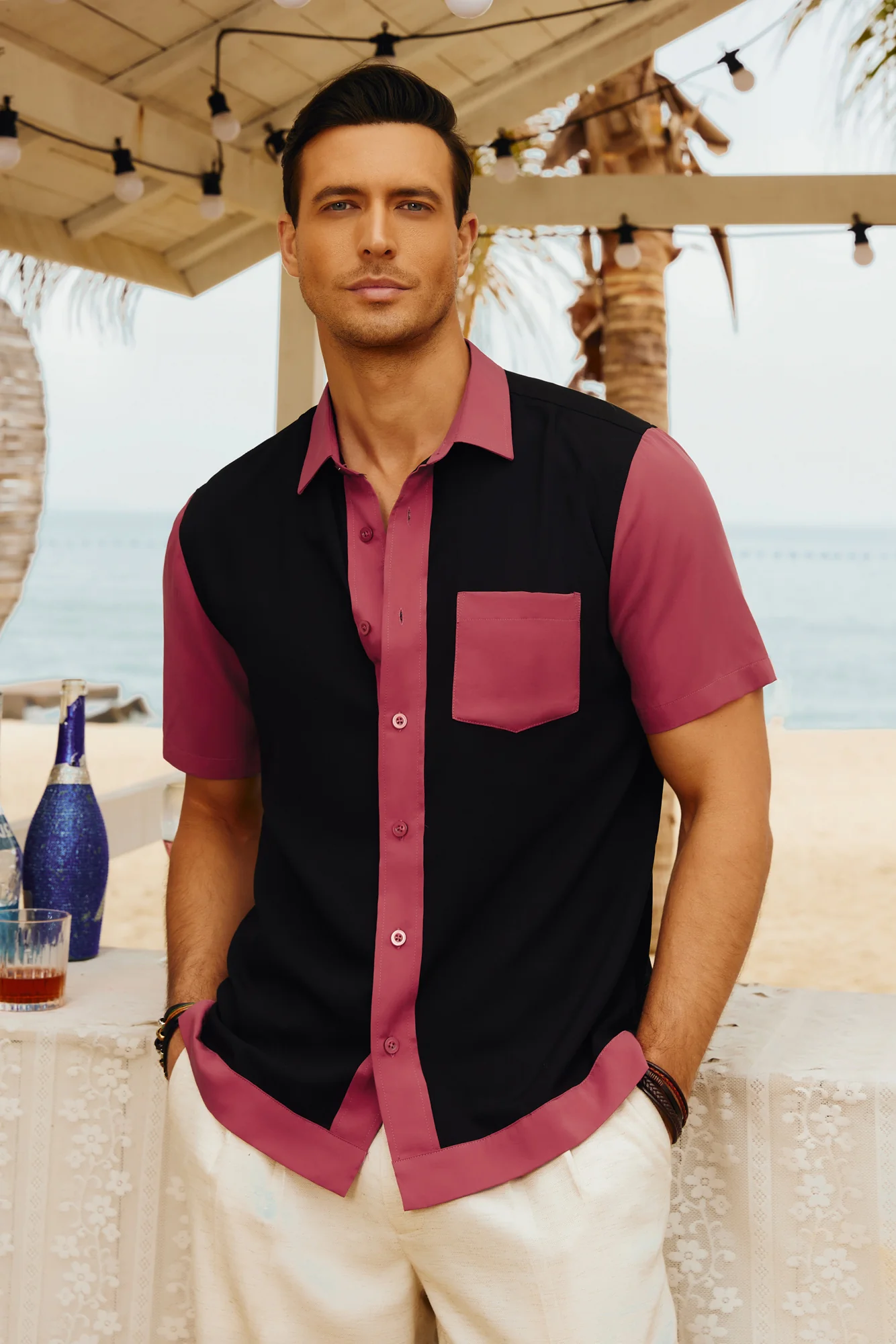 Men Contrast 70s Vintage Bowling Shirt Short Sleeve Button Down Summer Cardigans Hawaiian Shirts - Image 10