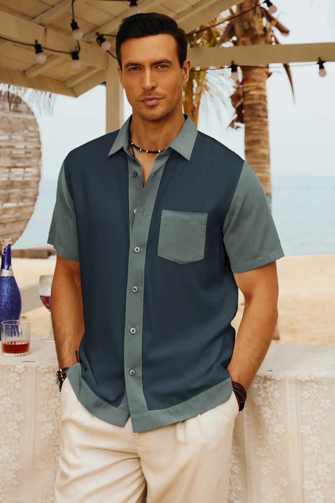 Men Contrast 70s Vintage Bowling Shirt Short Sleeve Button Down Summer Cardigans Hawaiian Shirts - Image 19