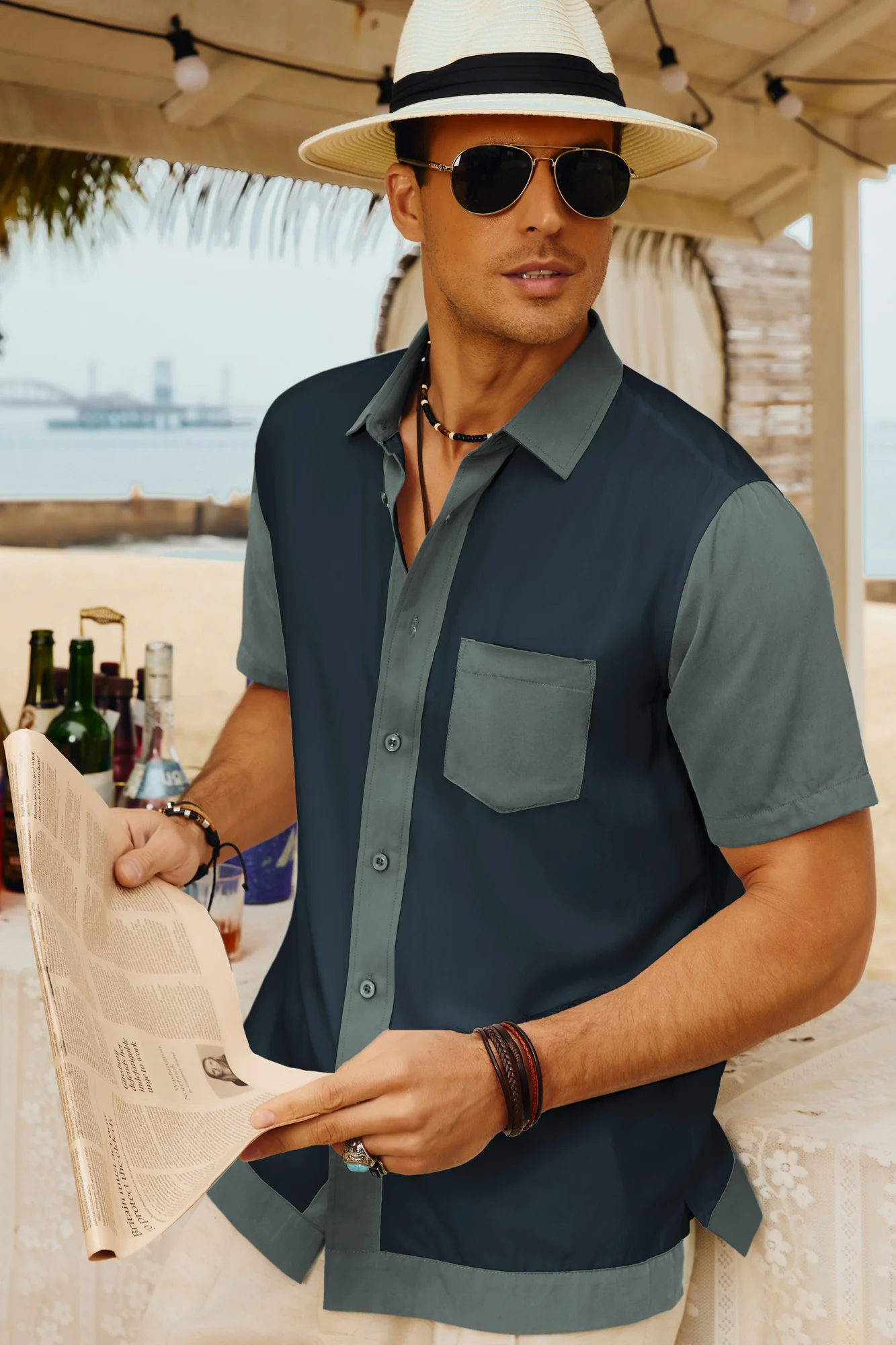 Men Contrast 70s Vintage Bowling Shirt Short Sleeve Button Down Summer Cardigans Hawaiian Shirts - Image 20