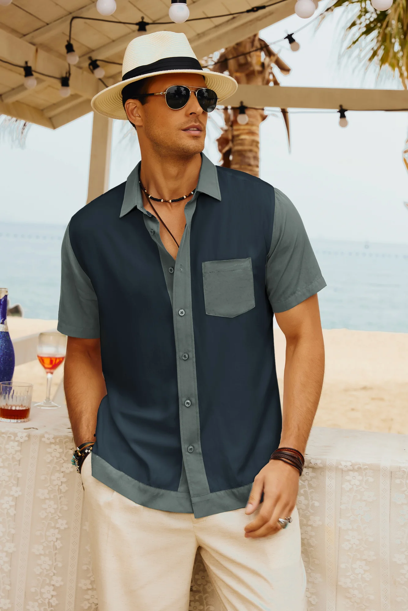 Men Contrast 70s Vintage Bowling Shirt Short Sleeve Button Down Summer Cardigans Hawaiian Shirts - Image 21