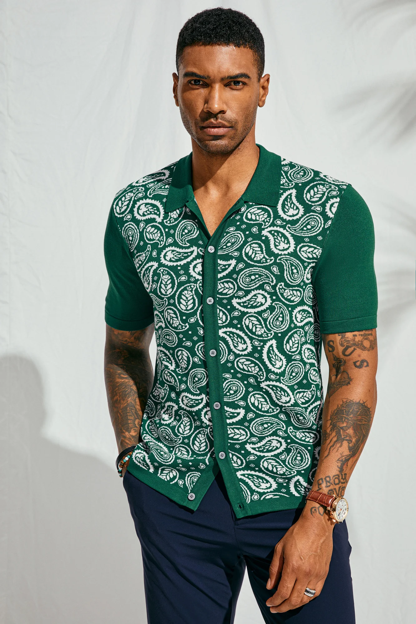 Men Contrast Color Cardigan Short Sleeve Lapel Collar Button-up Knitwear - Image 12