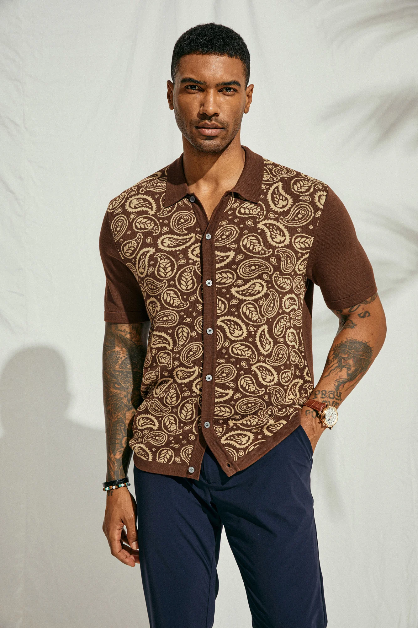 Men Contrast Color Cardigan Short Sleeve Lapel Collar Button-up Knitwear - Image 5