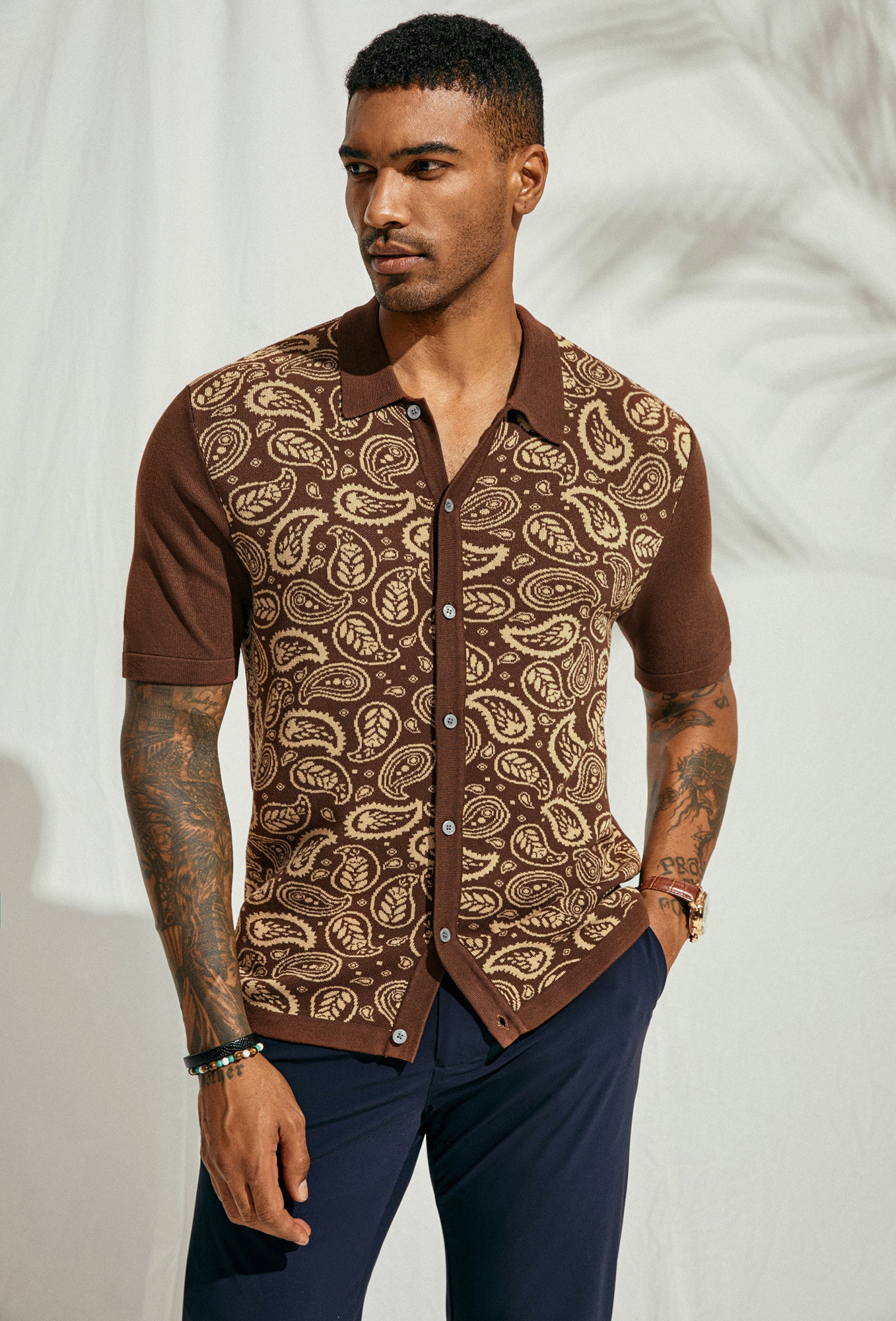 Men Contrast Color Cardigan Short Sleeve Lapel Collar Button-up Knitwear - Image 6