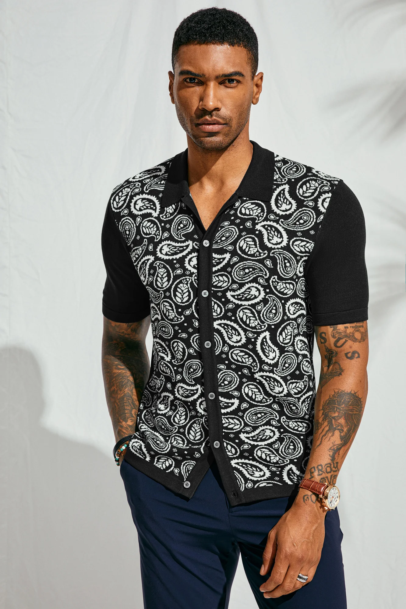 Men Contrast Color Cardigan Short Sleeve Lapel Collar Button-up Knitwear - Image 8