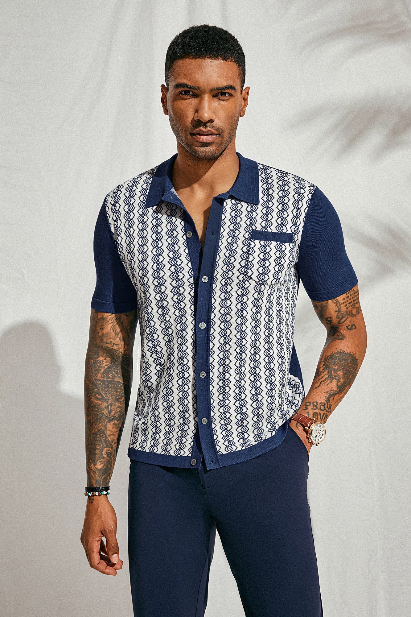 Men Contrast Color Cardigan Short Sleeve Lapel Collar Button-up Knitwear - Image 10