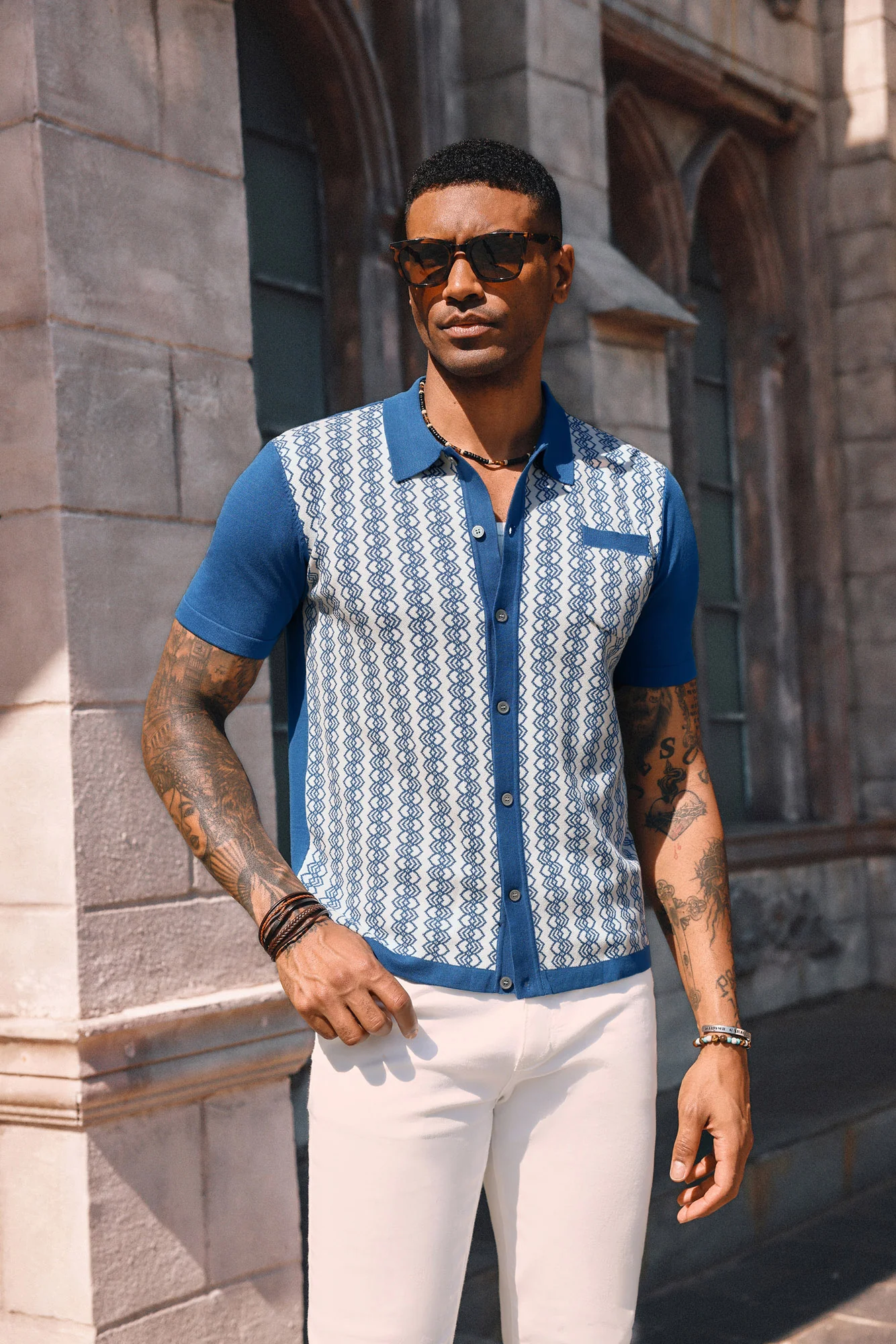 Men Contrast Color Cardigan Short Sleeve Lapel Collar Button-up Knitwear - Image 12