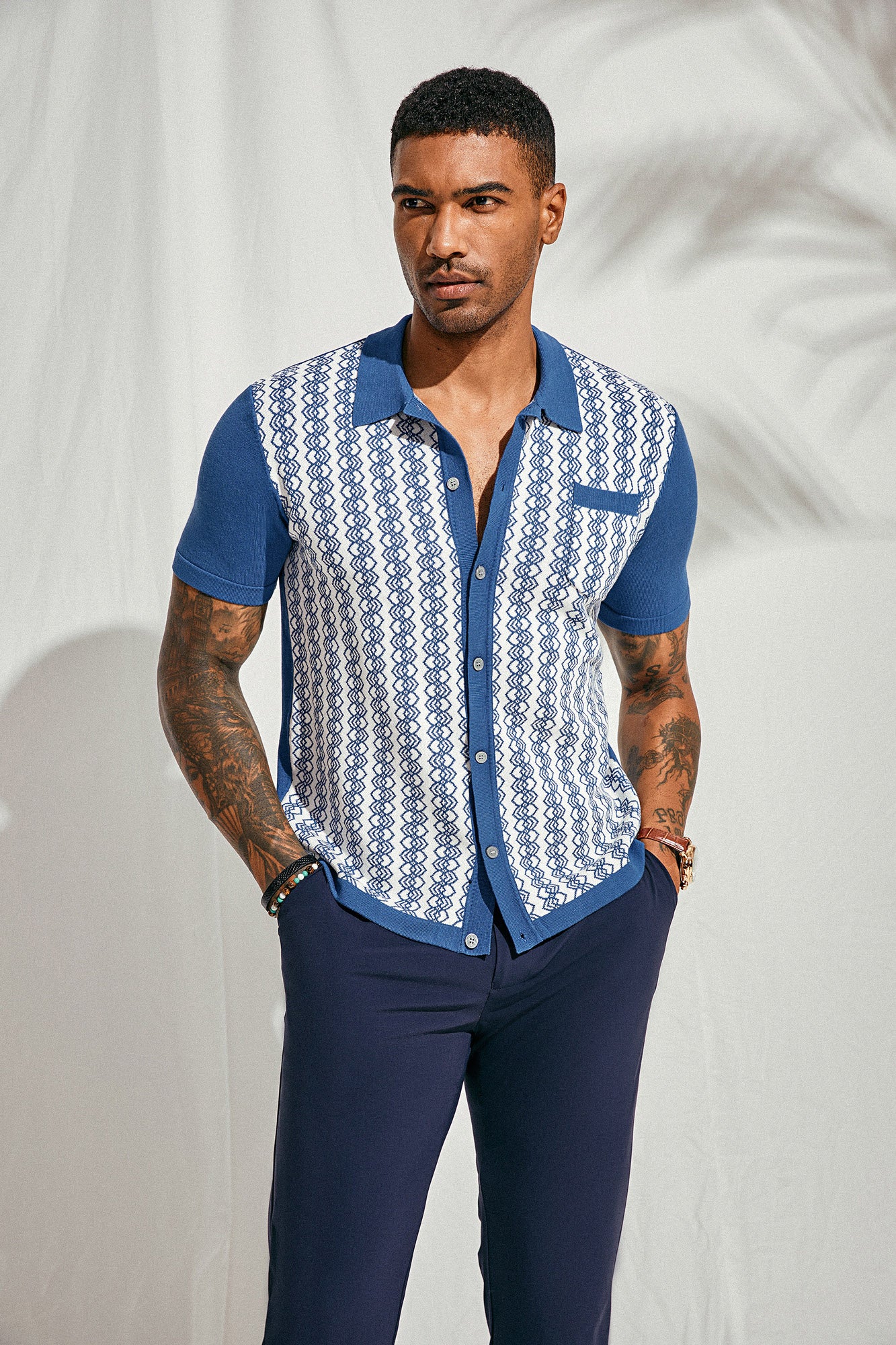 Men Contrast Color Cardigan Short Sleeve Lapel Collar Button-up Knitwear - Image 14