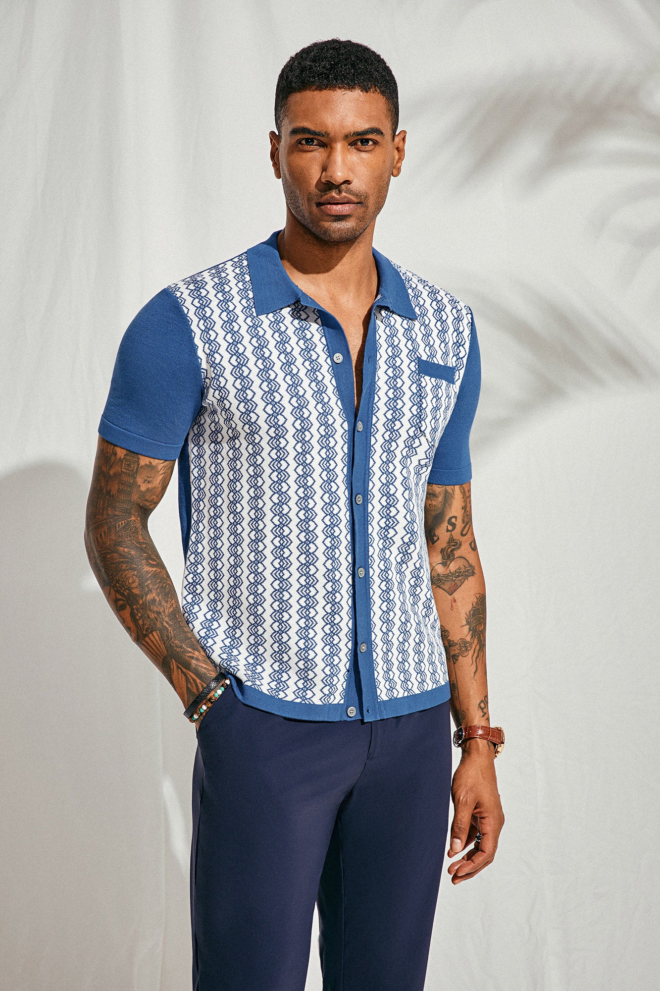 Men Contrast Color Cardigan Short Sleeve Lapel Collar Button-up Knitwear - Image 15