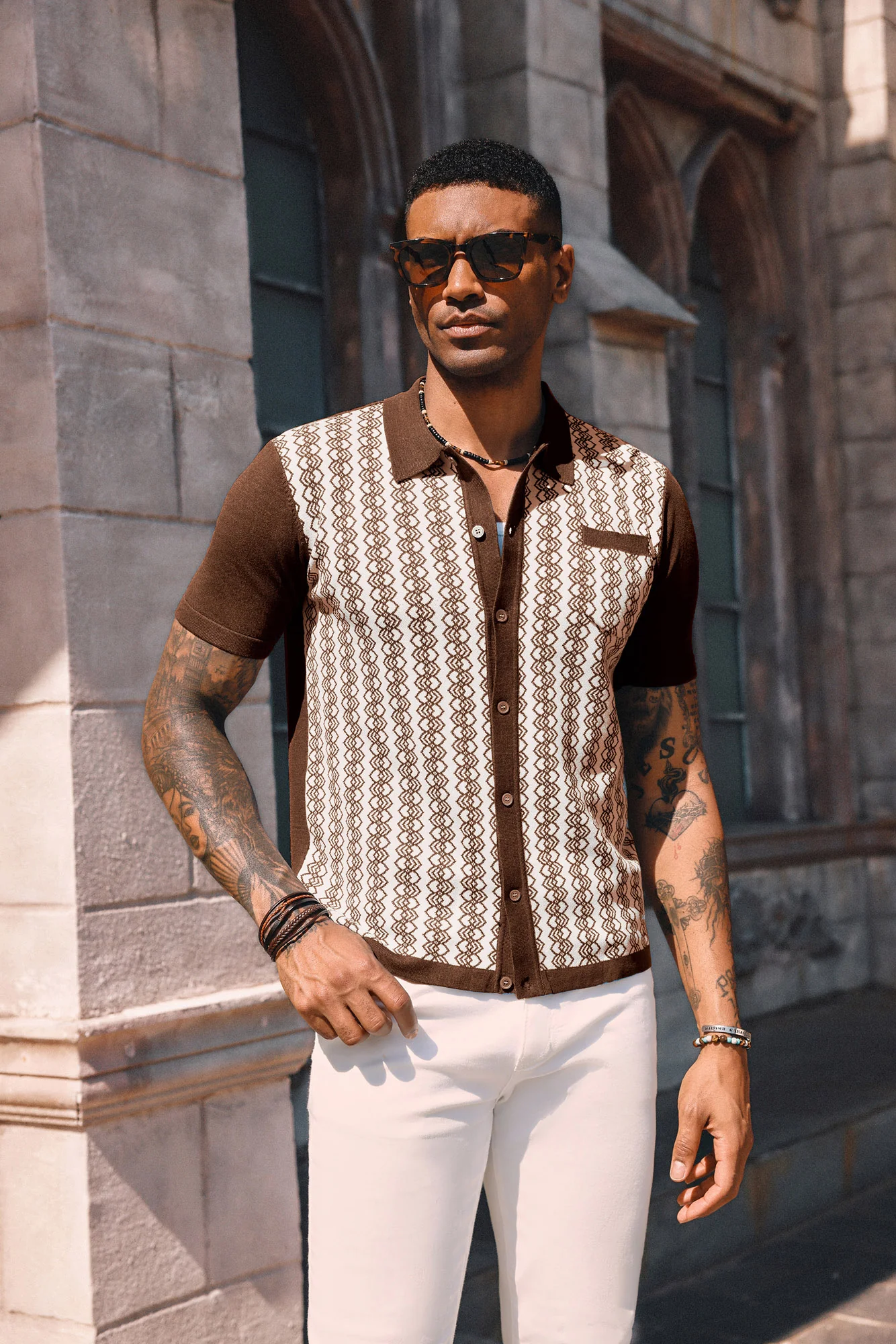 Men Contrast Color Cardigan Short Sleeve Lapel Collar Button-up Knitwear - Image 17
