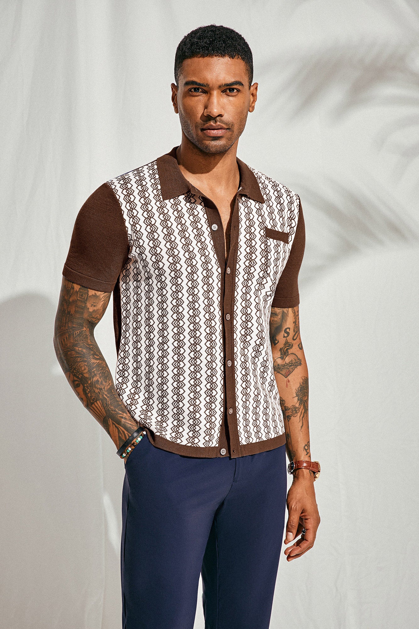 Men Contrast Color Cardigan Short Sleeve Lapel Collar Button-up Knitwear - Image 18