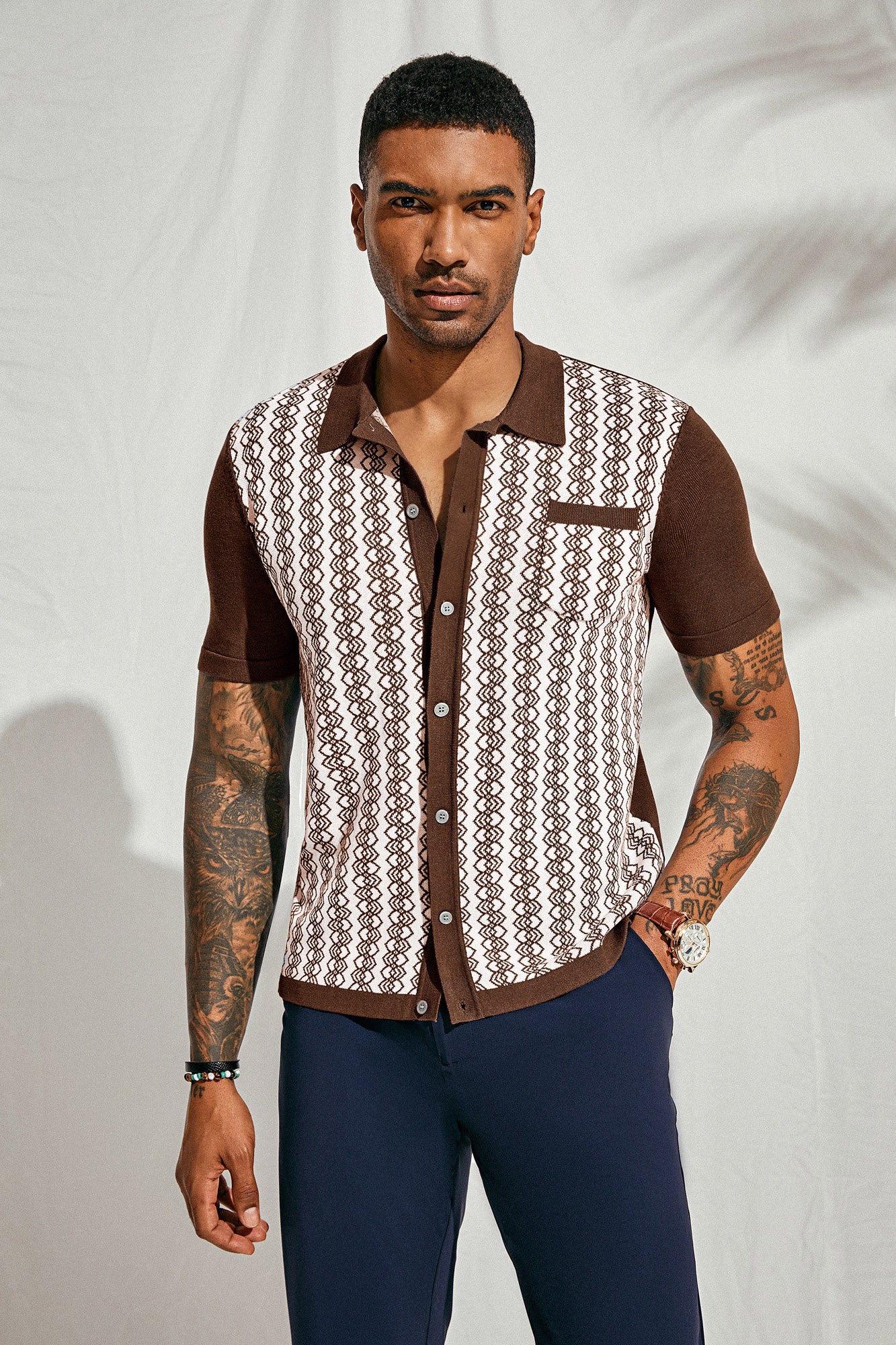 Men Contrast Color Cardigan Short Sleeve Lapel Collar Button-up Knitwear - Image 19
