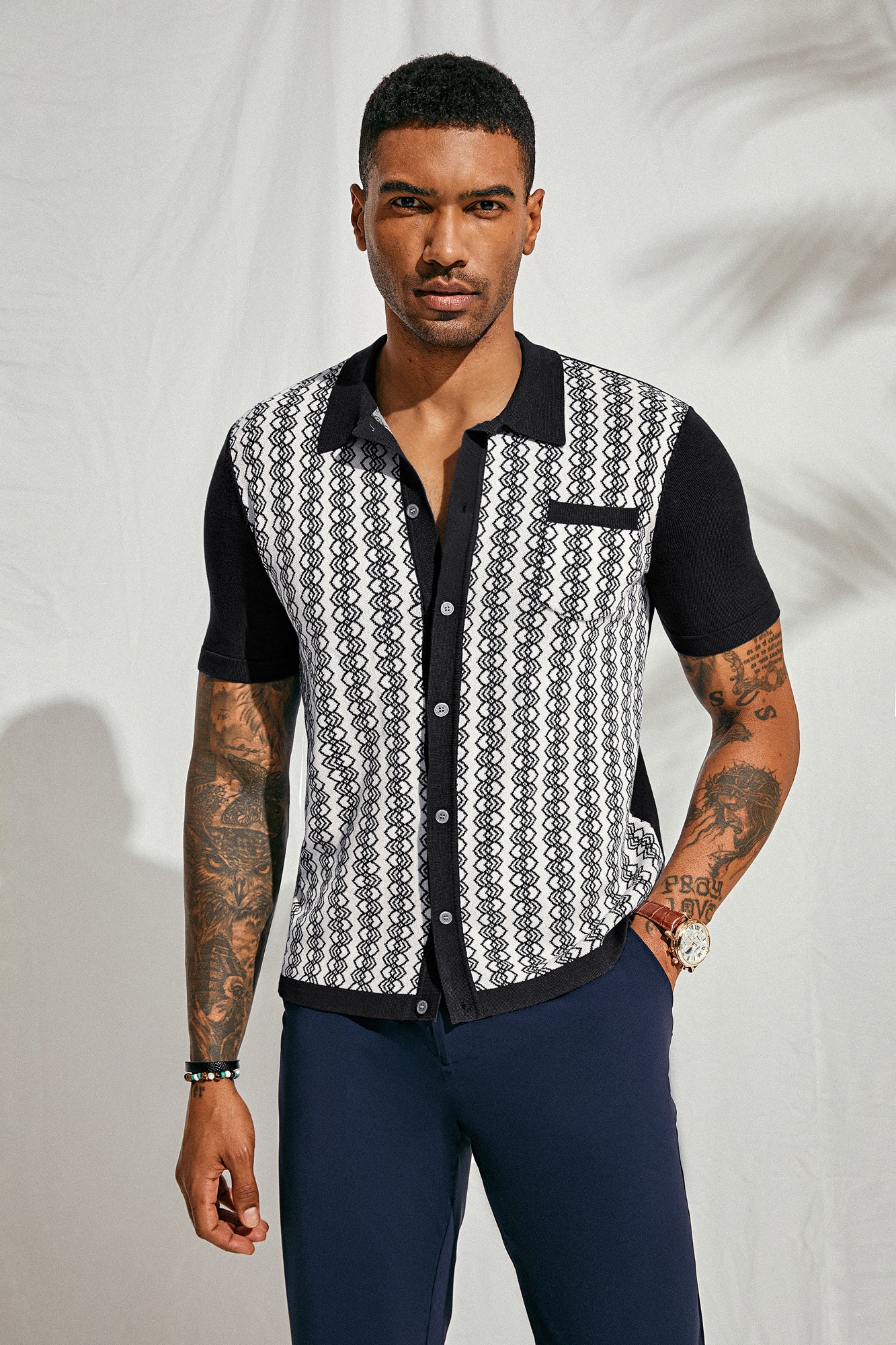 Men Contrast Color Cardigan Short Sleeve Lapel Collar Button-up Knitwear - Image 5