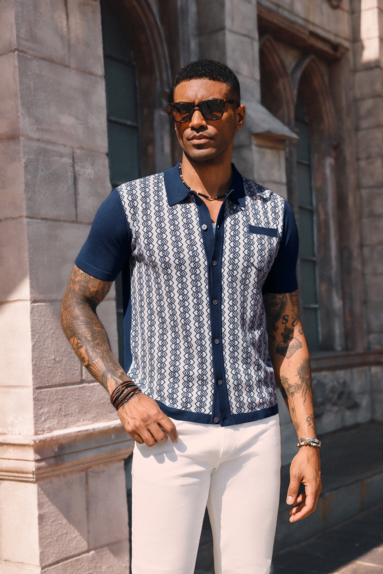 Men Contrast Color Cardigan Short Sleeve Lapel Collar Button-up Knitwear - Image 7