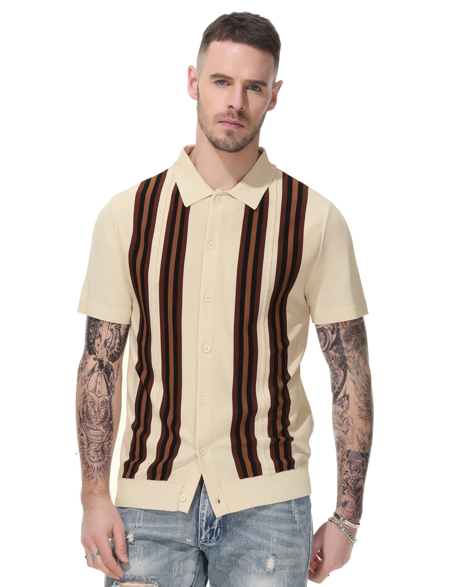 Mens Polo Shirts Vintage Striped Button Down Knitted Golf Cardigans Shirts - Image 10
