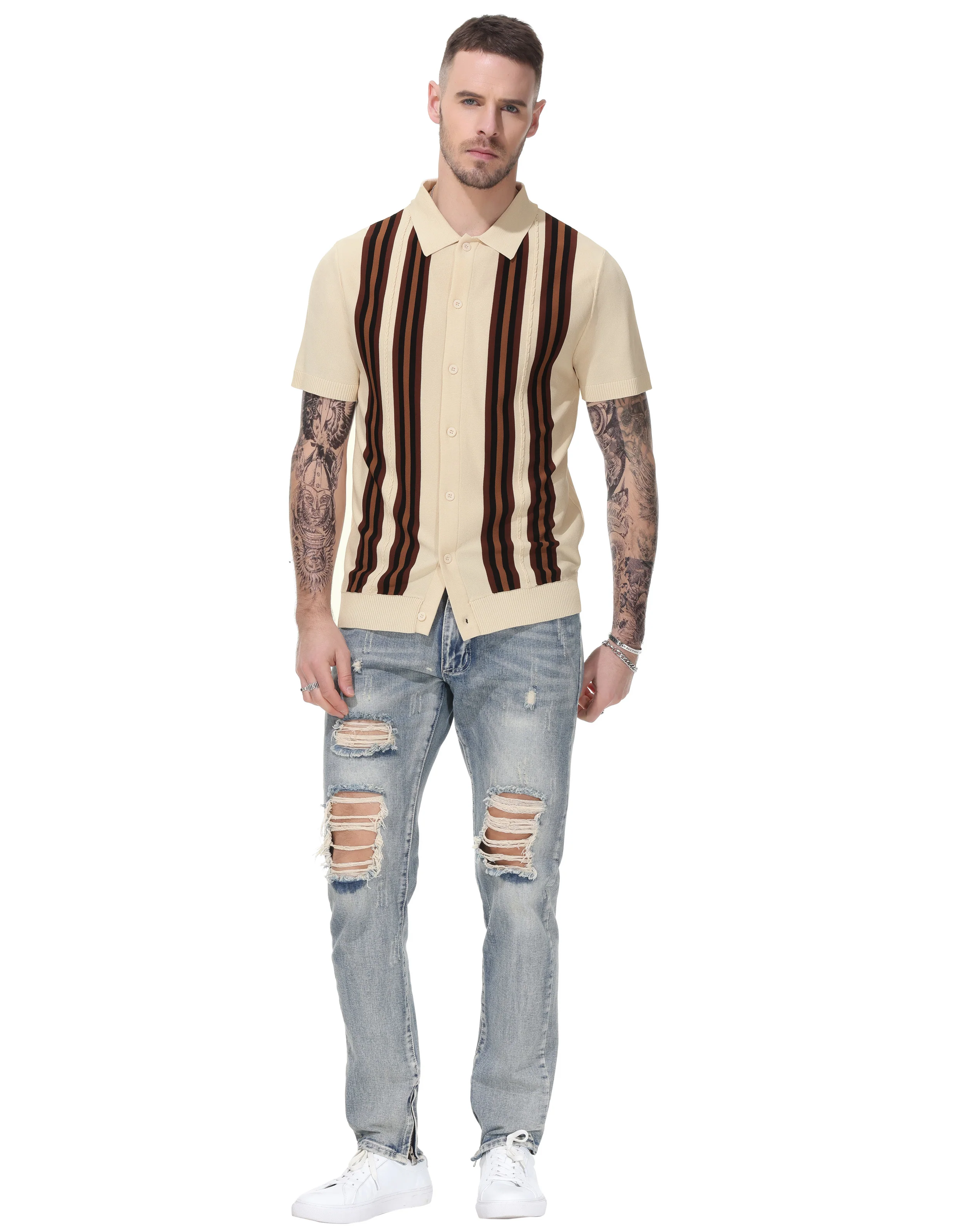 Mens Polo Shirts Vintage Striped Button Down Knitted Golf Cardigans Shirts - Image 11