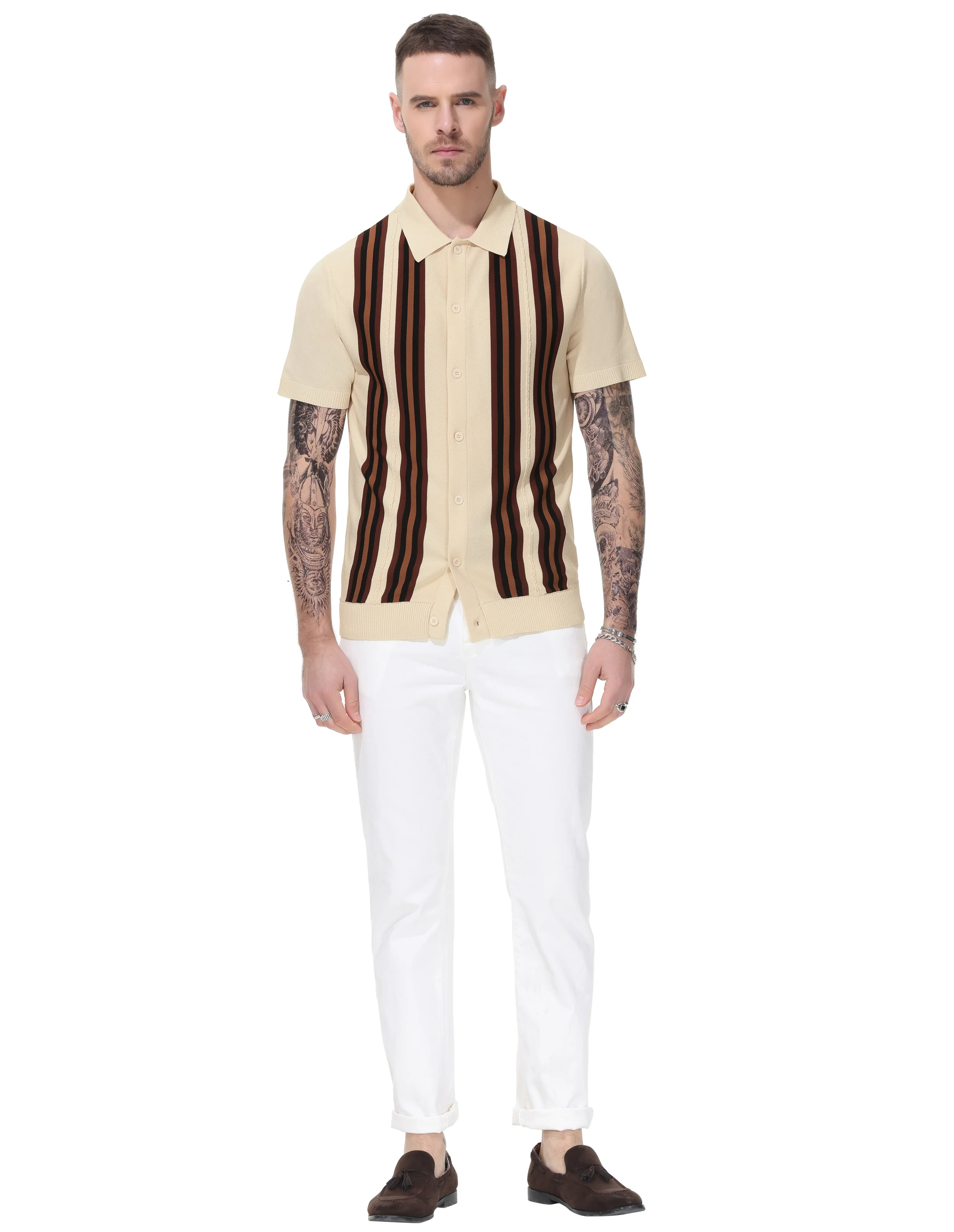 Mens Polo Shirts Vintage Striped Button Down Knitted Golf Cardigans Shirts - Image 12