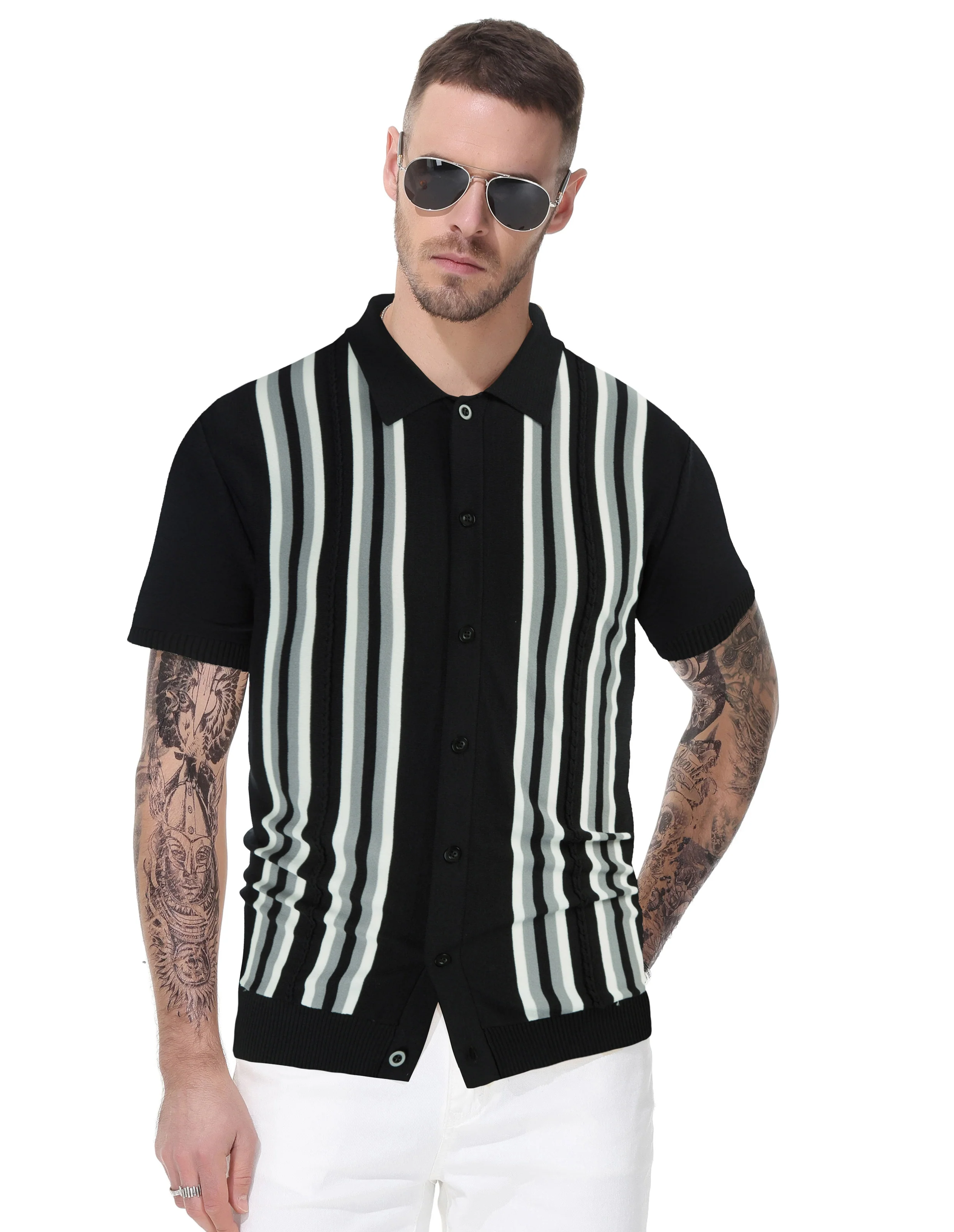 Mens Polo Shirts Vintage Striped Button Down Knitted Golf Cardigans Shirts - Image 15