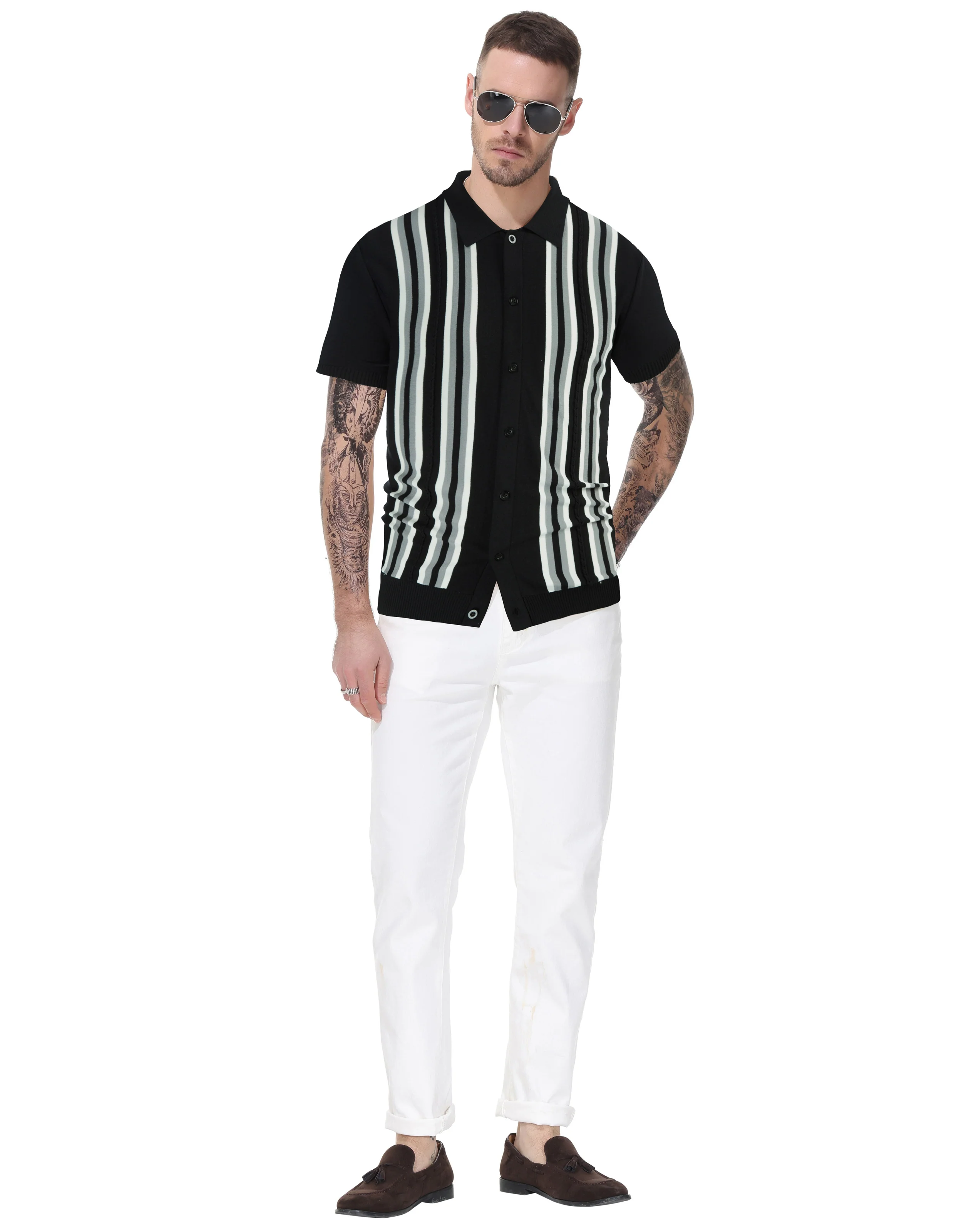 Mens Polo Shirts Vintage Striped Button Down Knitted Golf Cardigans Shirts - Image 18