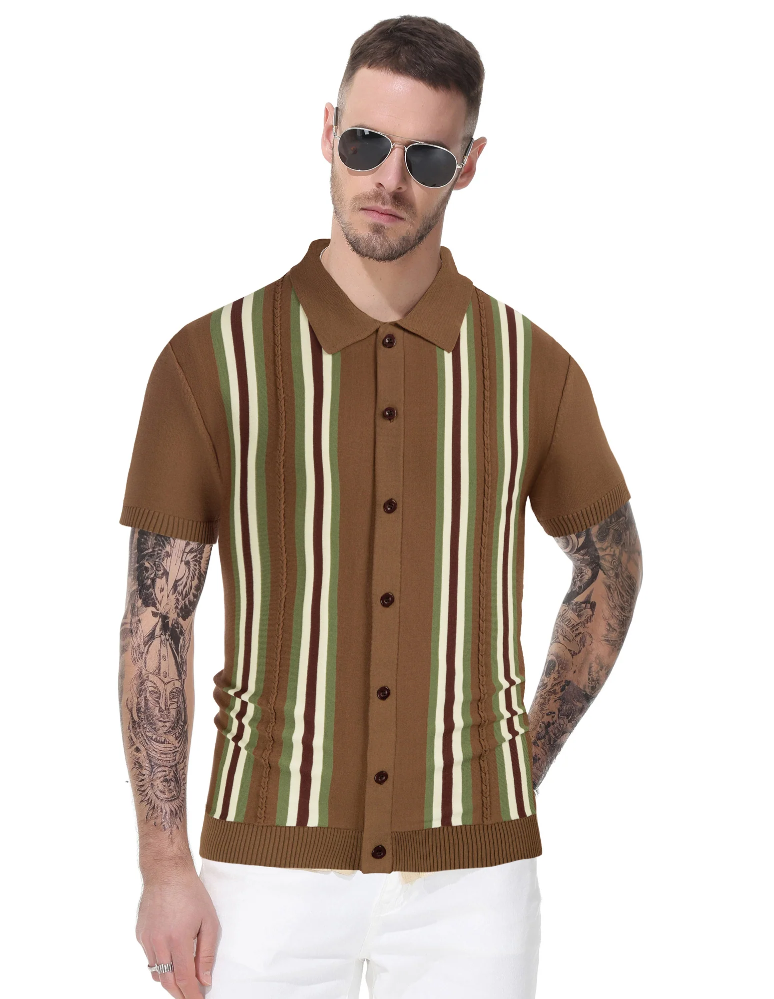 Mens Polo Shirts Vintage Striped Button Down Knitted Golf Cardigans Shirts - Image 20
