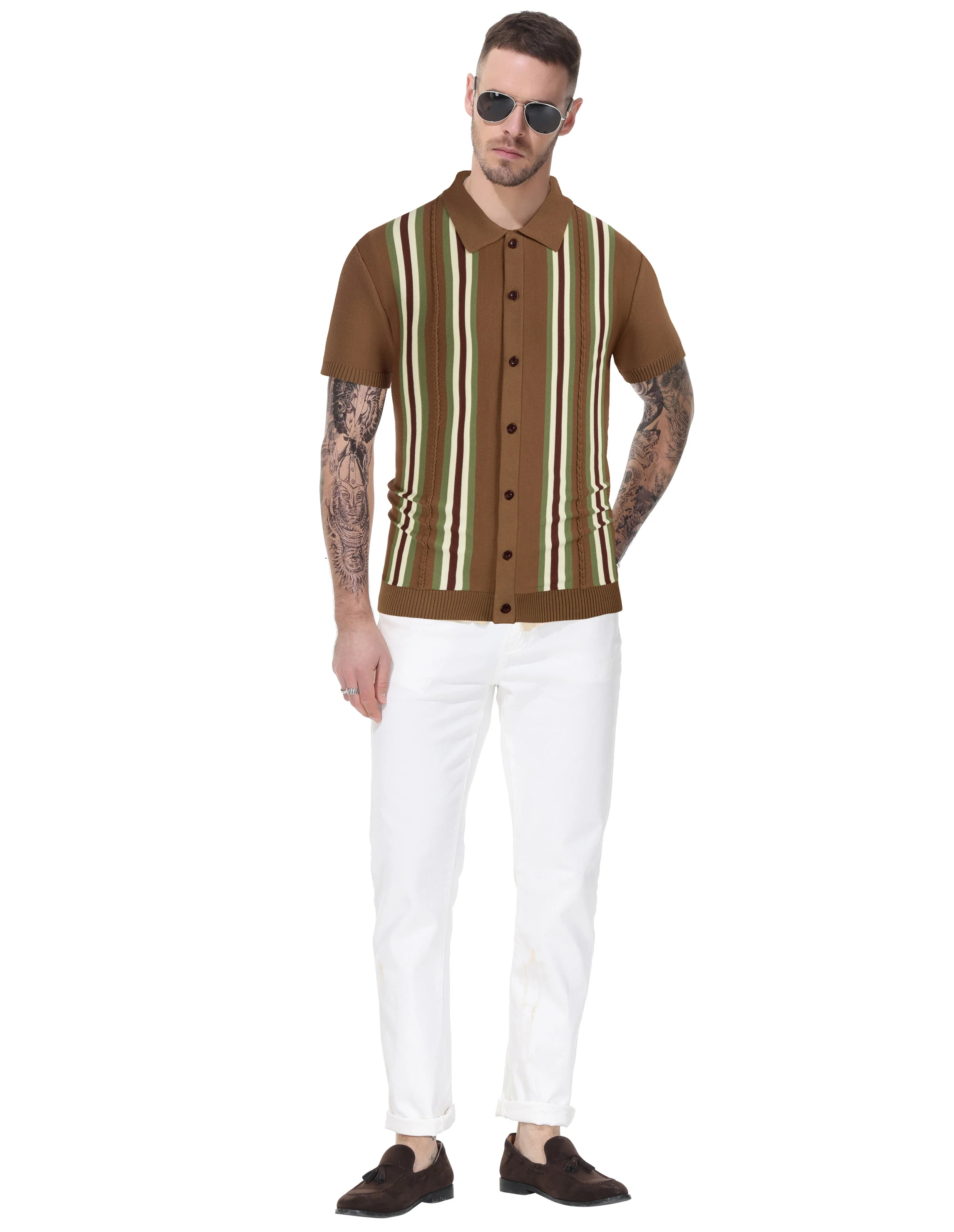 Mens Polo Shirts Vintage Striped Button Down Knitted Golf Cardigans Shirts - Image 21