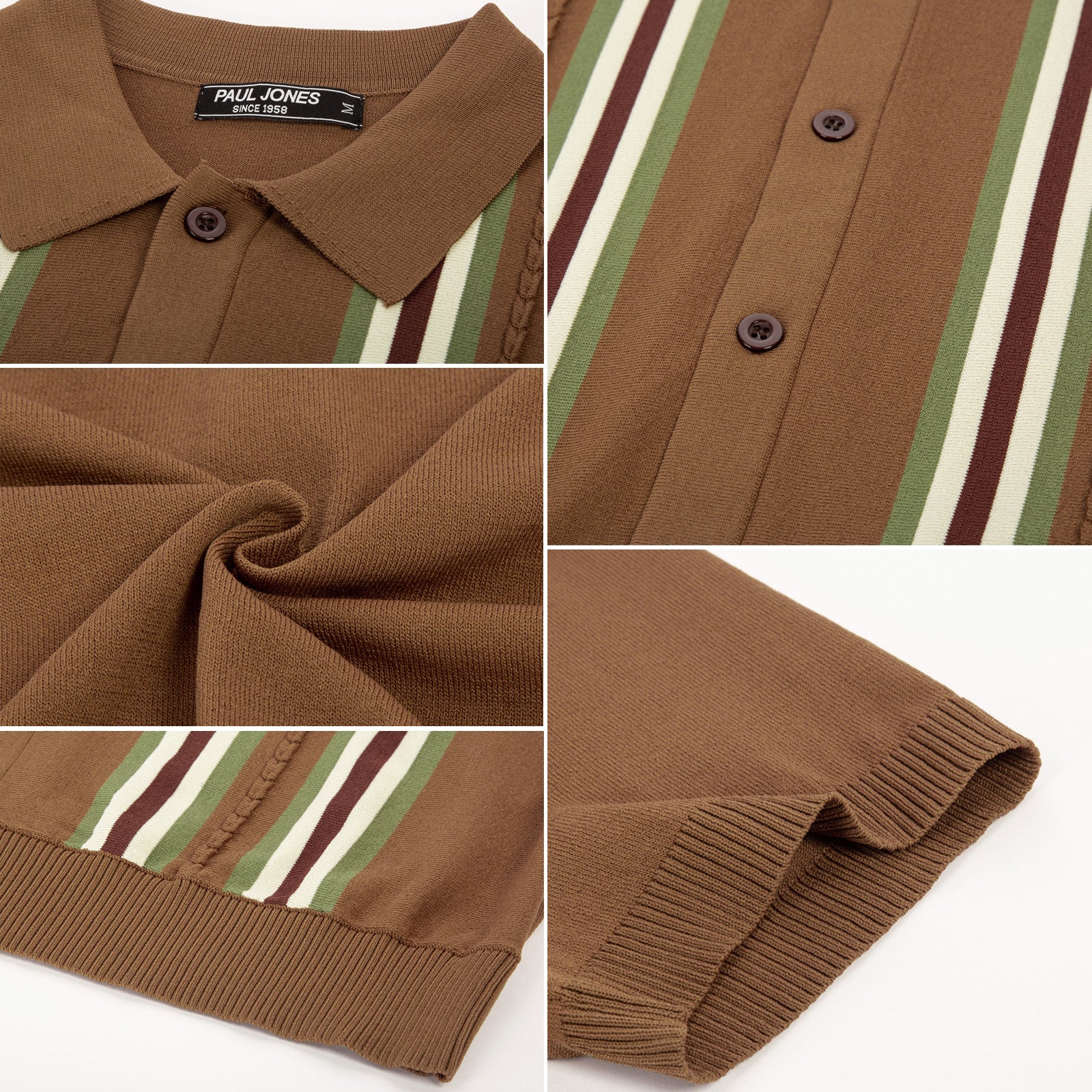 Mens Polo Shirts Vintage Striped Button Down Knitted Golf Cardigans Shirts - Image 22