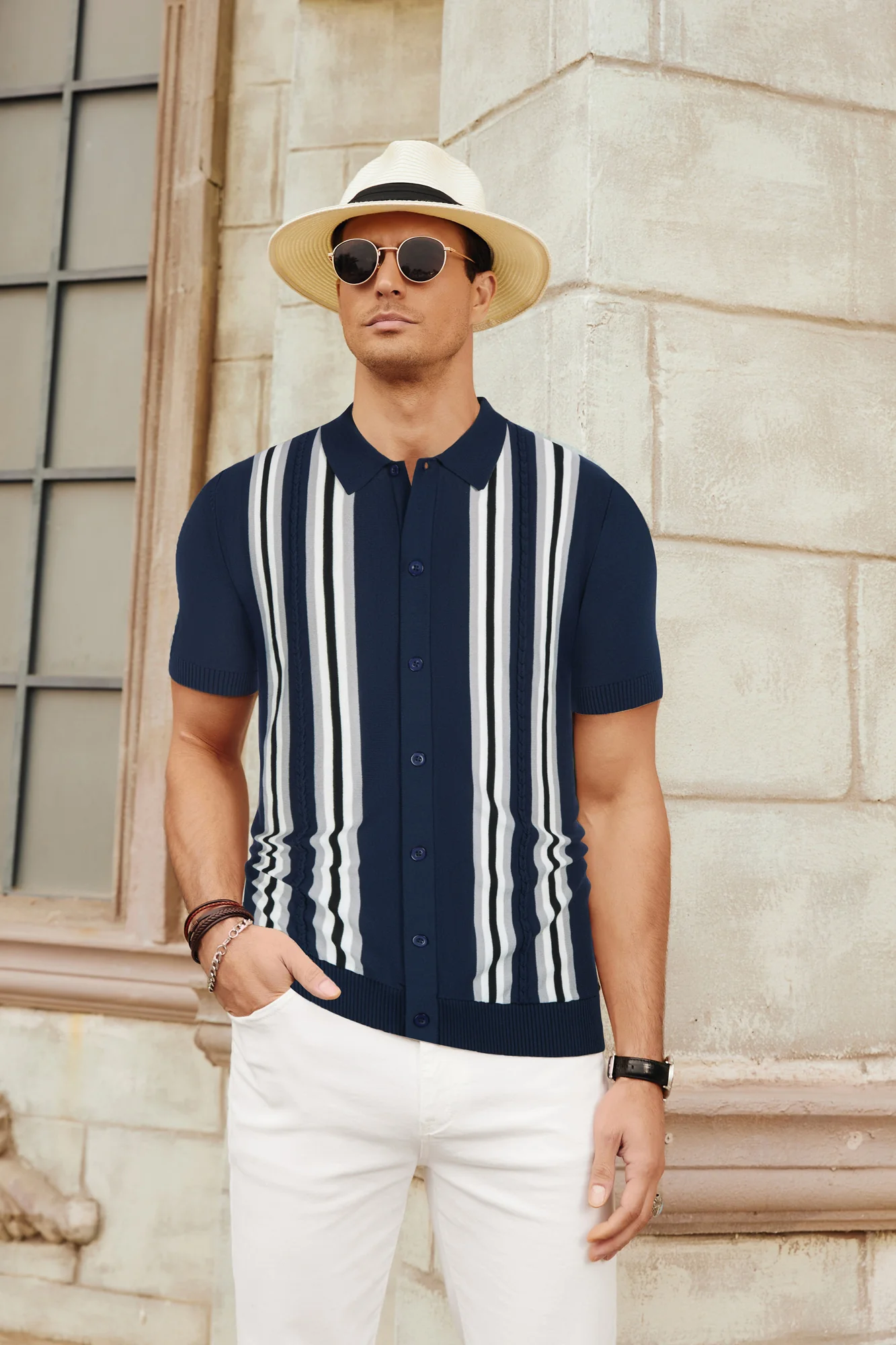 Mens Polo Shirts Vintage Striped Button Down Knitted Golf Cardigans Shirts - Image 24