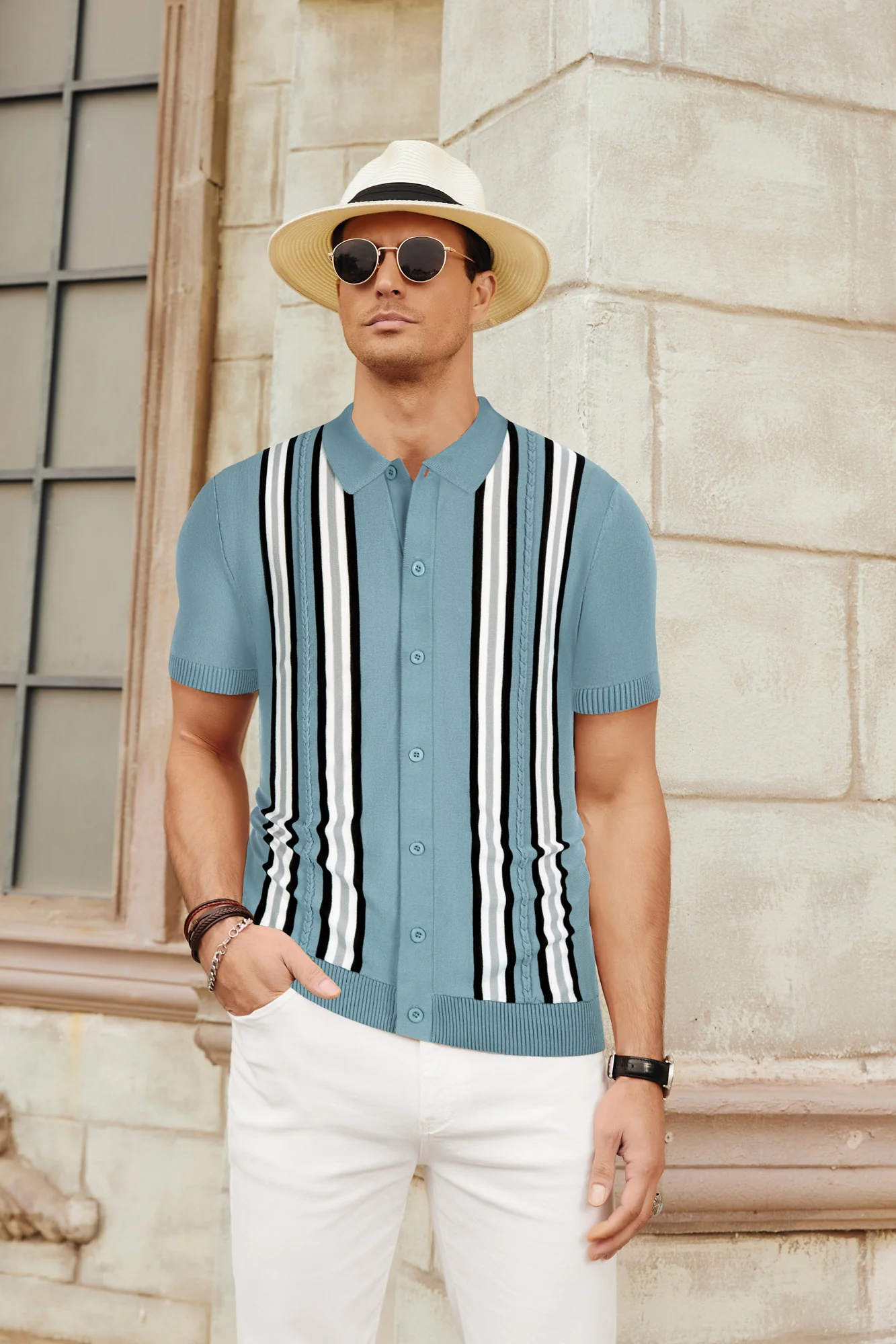 Mens Polo Shirts Vintage Striped Button Down Knitted Golf Cardigans Shirts - Image 28