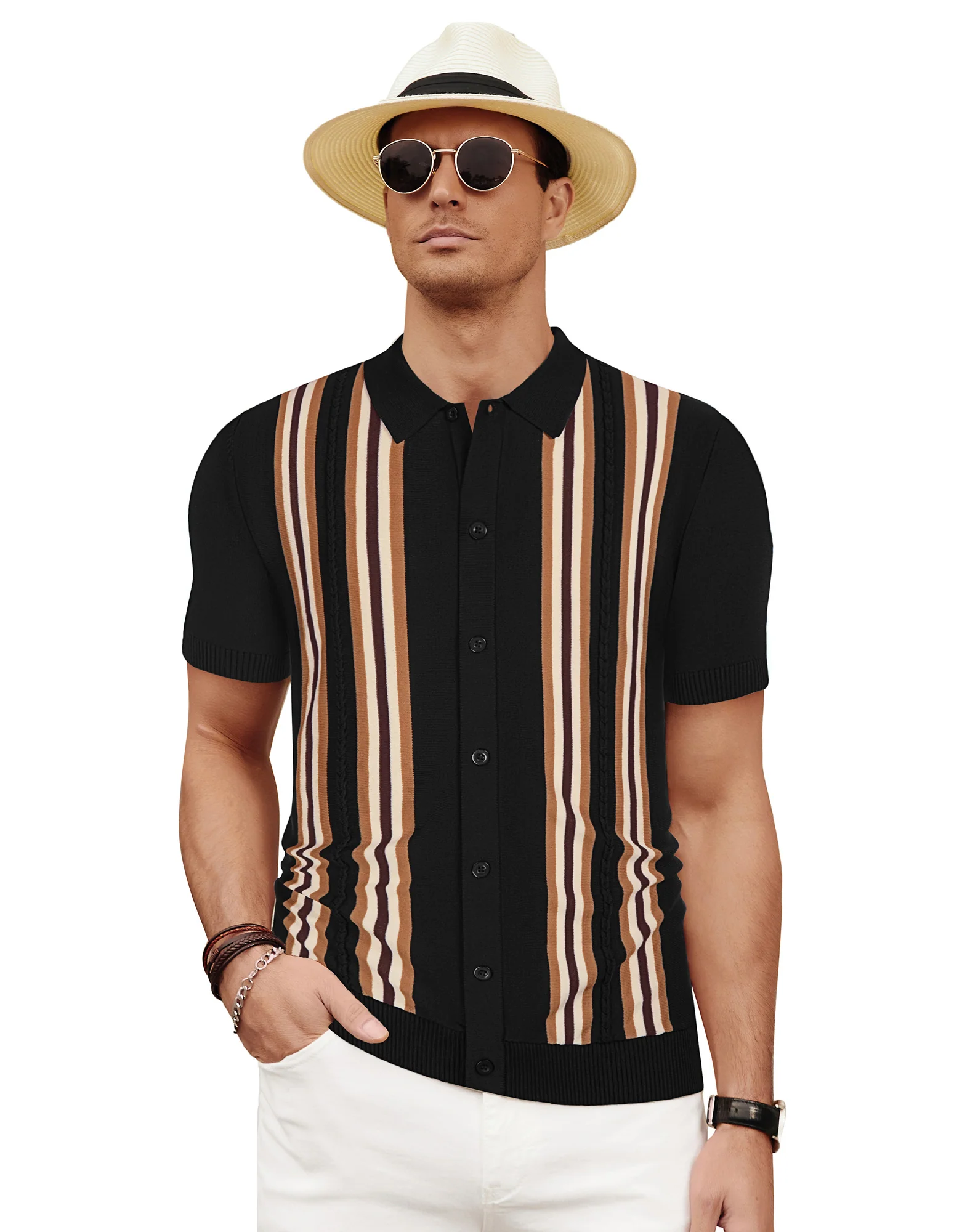 Mens Polo Shirts Vintage Striped Button Down Knitted Golf Cardigans Shirts - Image 33