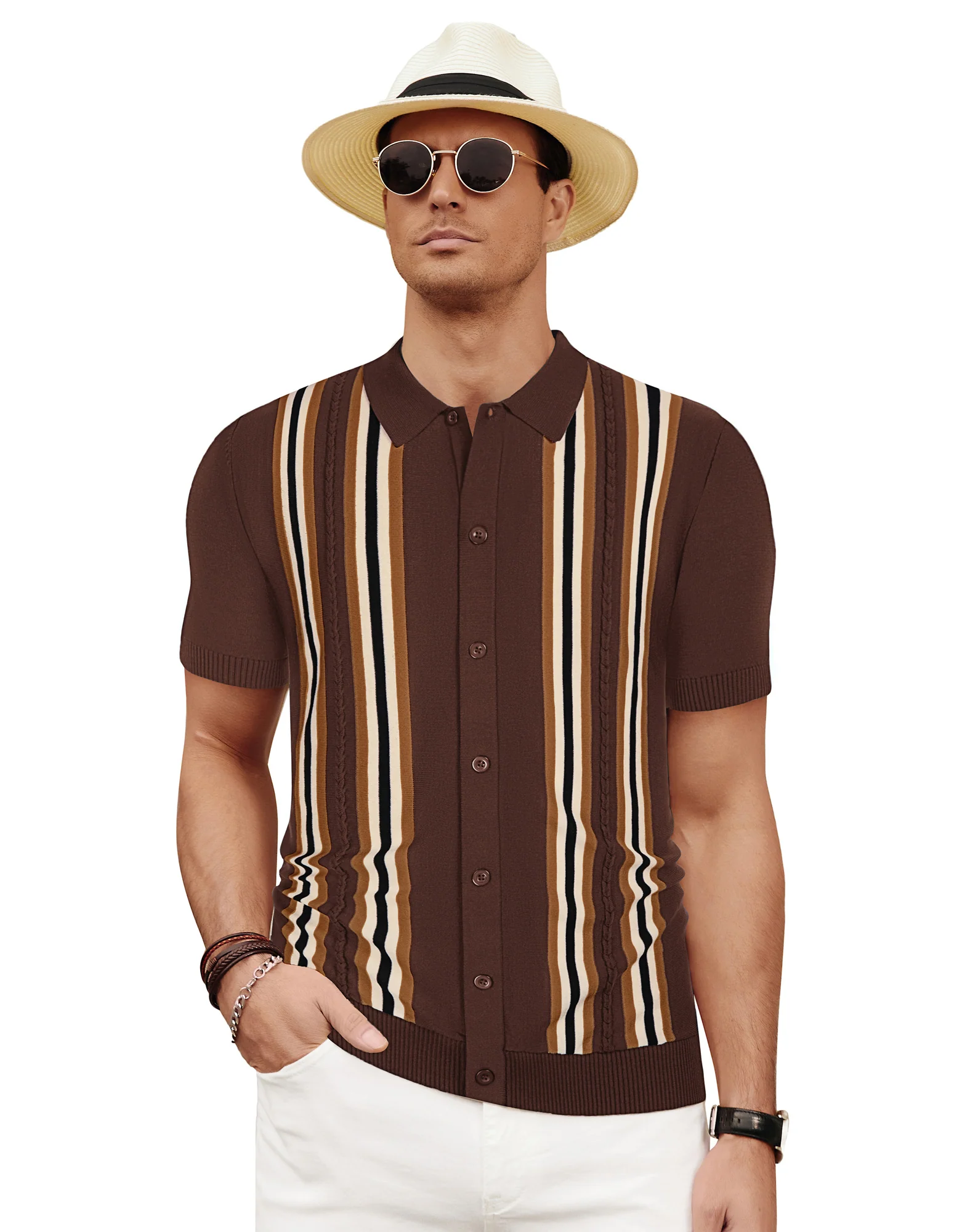 Mens Polo Shirts Vintage Striped Button Down Knitted Golf Cardigans Shirts - Image 38